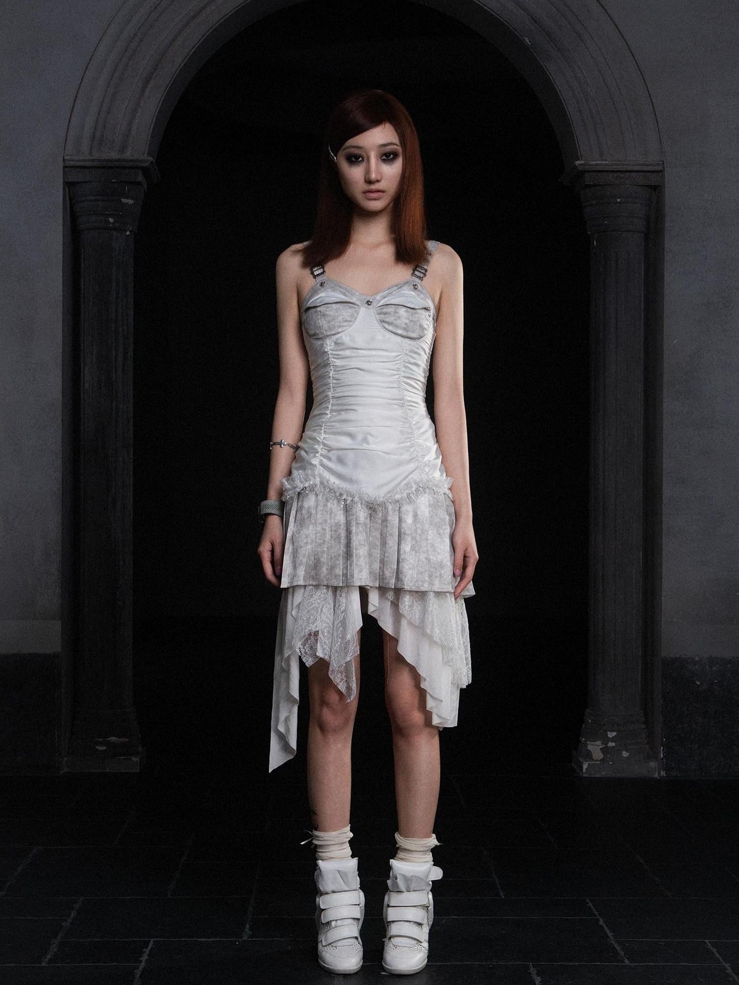 ARIADNAw Punk Inspired Satin Ruffle Layered Dress Edgy Versatile