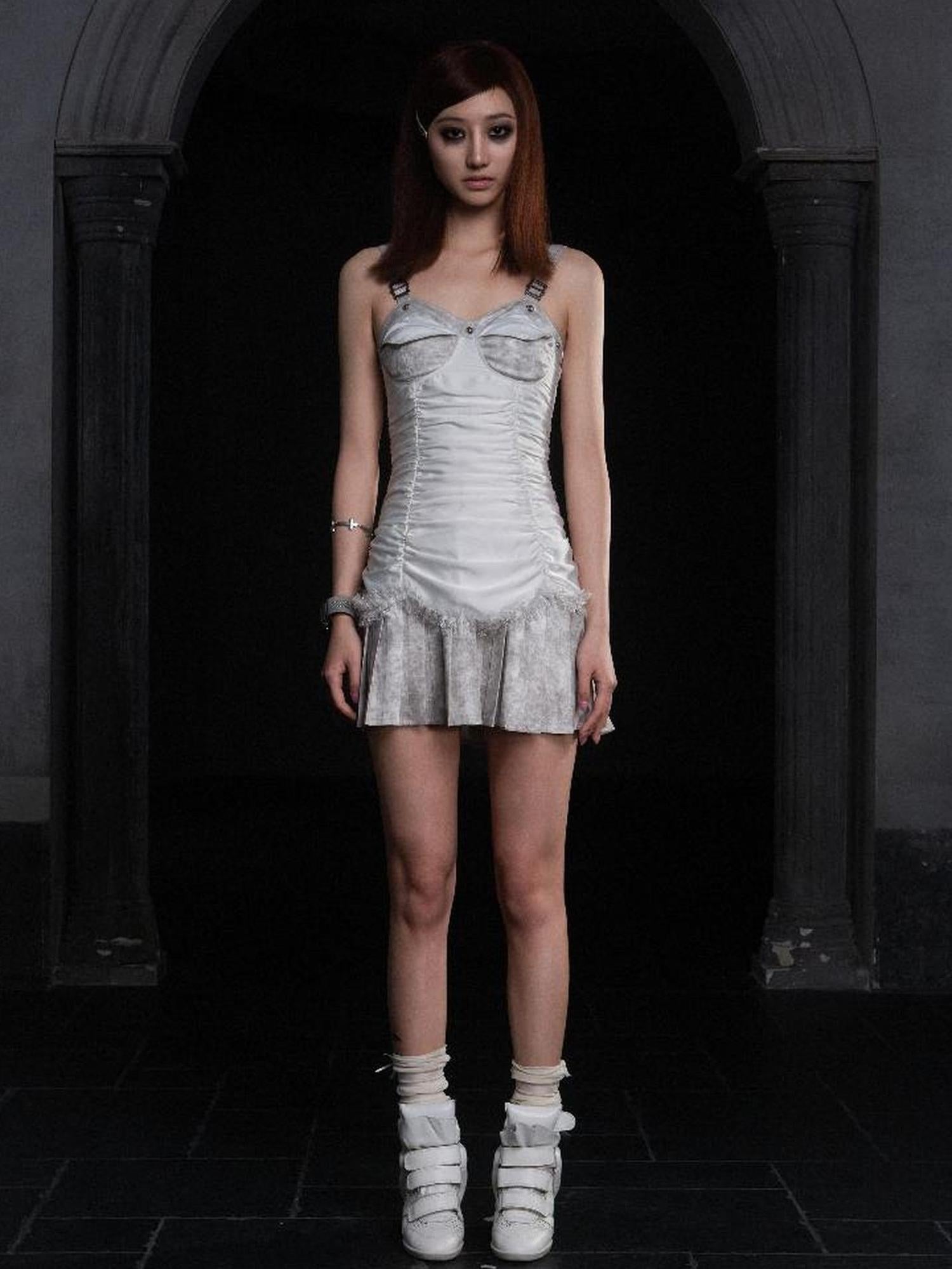 ARIADNAw Punk Inspired Satin Ruffle Layered Dress Edgy Versatile