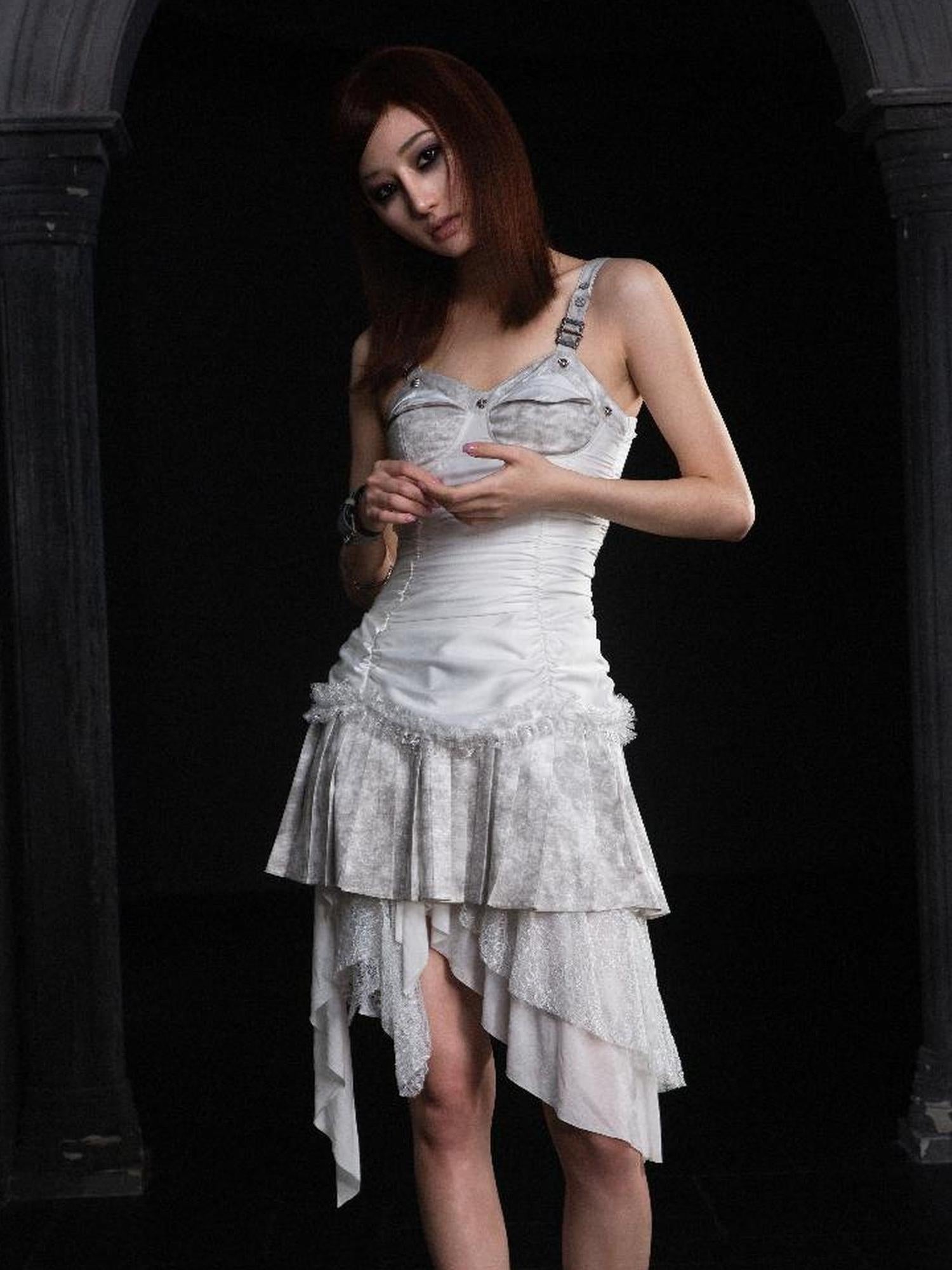 ARIADNAw Punk Inspired Satin Ruffle Layered Dress Edgy Versatile