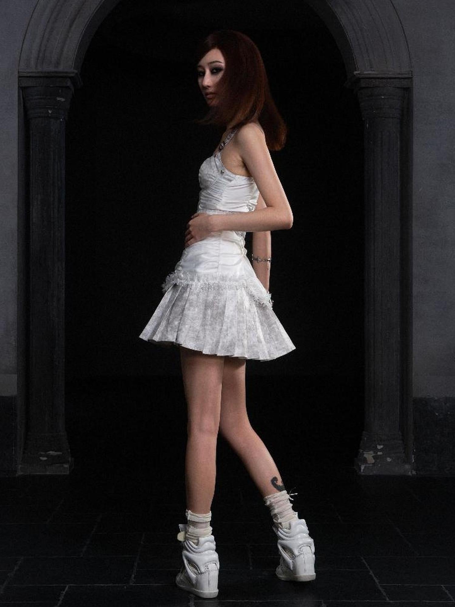 ARIADNAw Punk Inspired Satin Ruffle Layered Dress Edgy Versatile