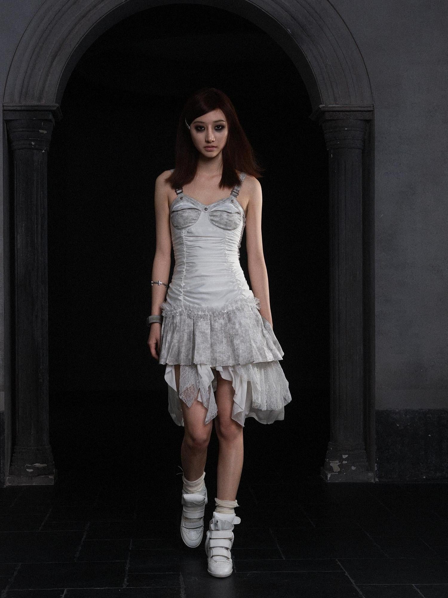 ARIADNAw Punk Inspired Satin Ruffle Layered Dress Edgy Versatile