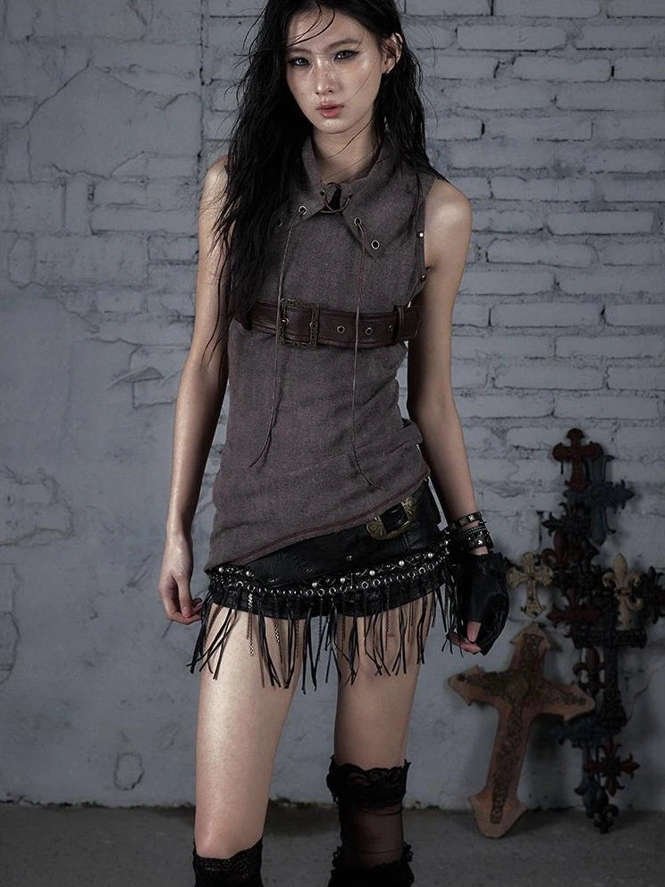 Punk Knit Sleeveless Top With Belt & Lapel Design T-Shirt