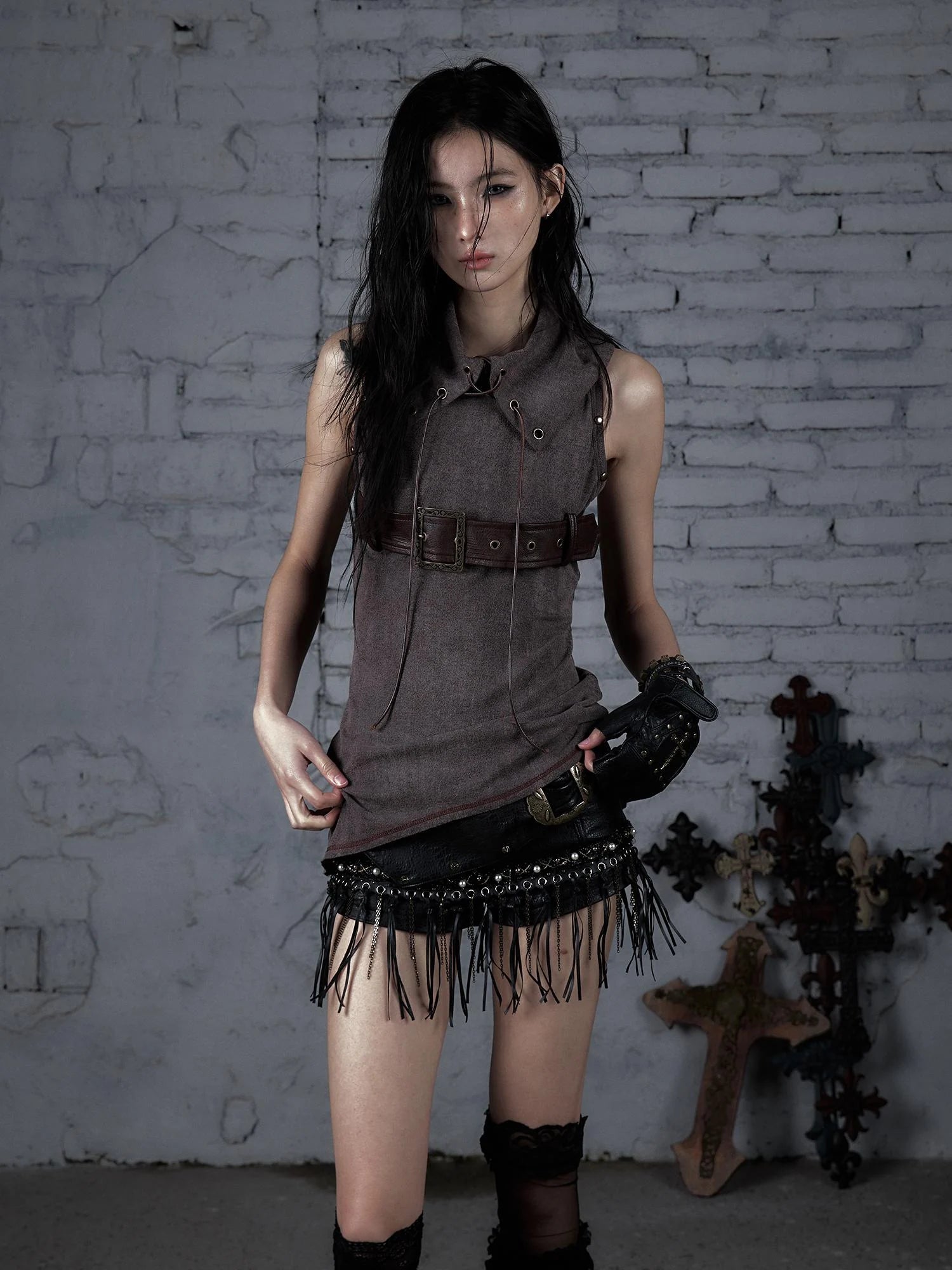 Punk Knit Sleeveless Top With Belt & Lapel Design T-Shirt