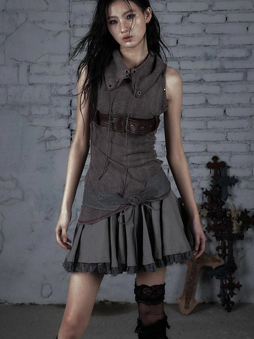 Punk Knit Sleeveless Top With Belt & Lapel Design T-Shirt