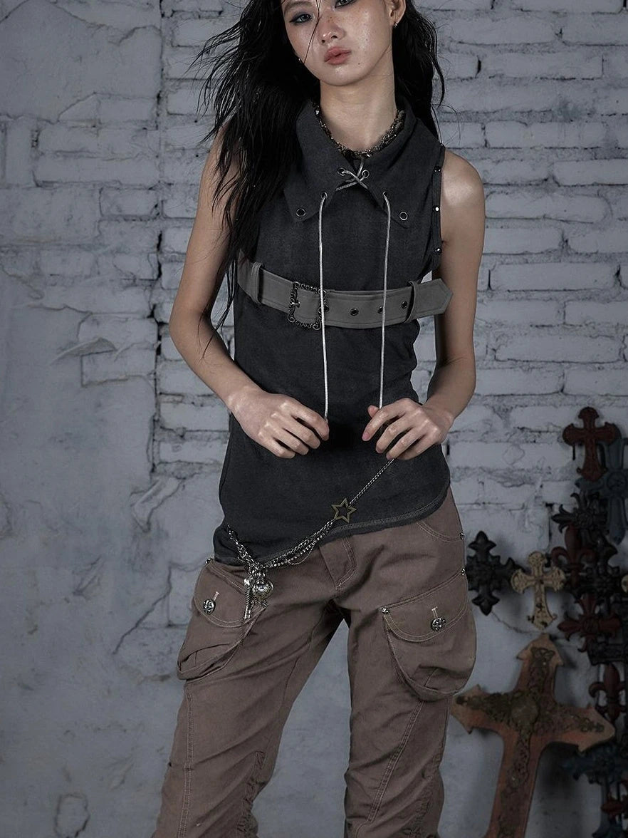 Punk Knit Sleeveless Top With Belt & Lapel Design T-Shirt