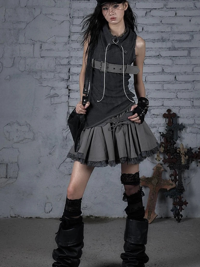 Punk Knit Sleeveless Top With Belt & Lapel Design T-Shirt