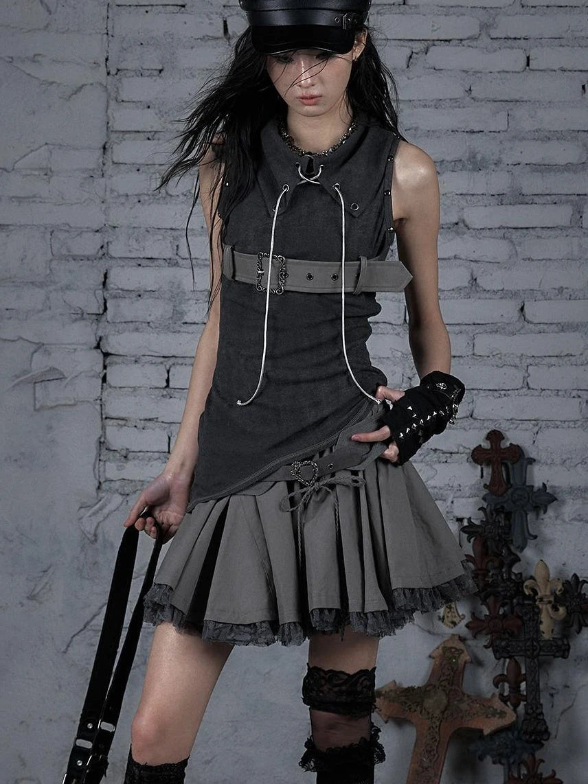 Punk Knit Sleeveless Top With Belt & Lapel Design T-Shirt