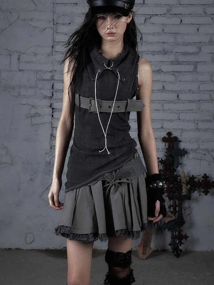 Punk Knit Sleeveless Top With Belt & Lapel Design T-Shirt
