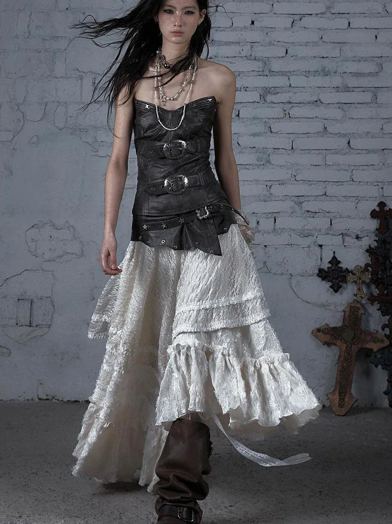 Punk Lace Bustier Skirt Two-Way Wrap Gothic Plaid Dresses