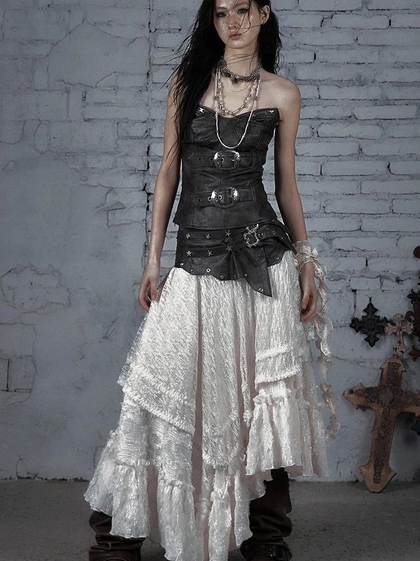 Punk Lace Bustier Skirt Two-Way Wrap Gothic Plaid Dresses