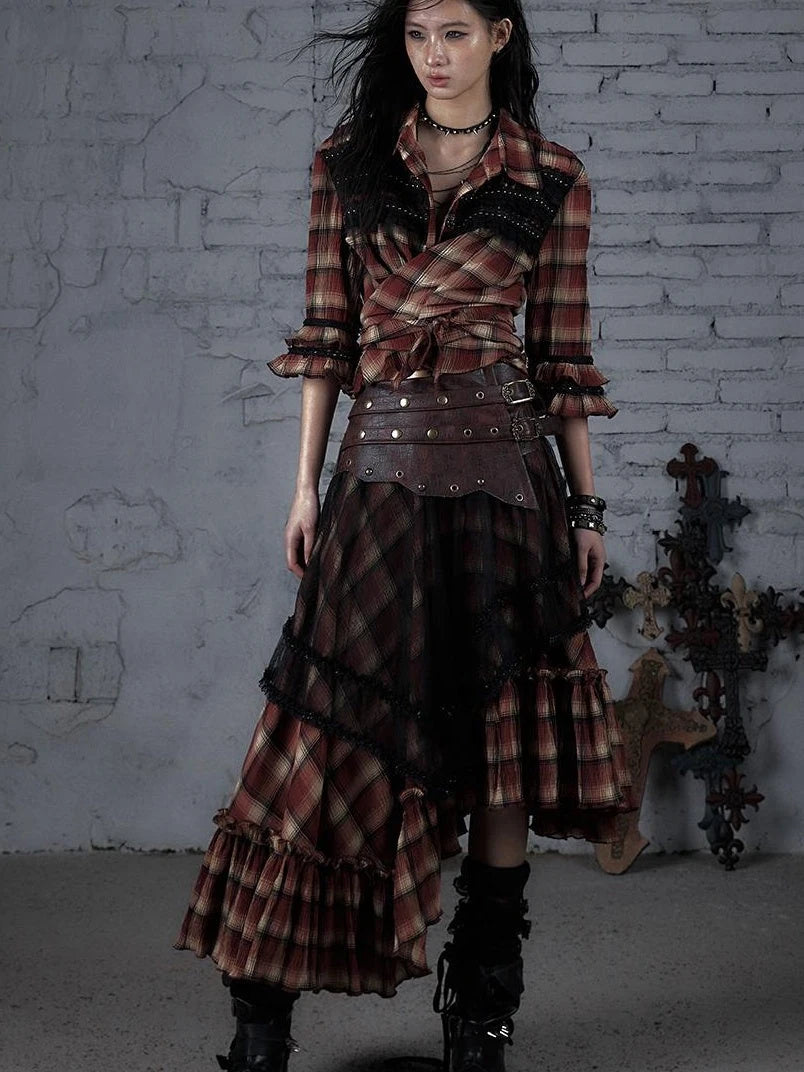 Punk Lace Bustier Skirt Two-Way Wrap Gothic Plaid Dresses