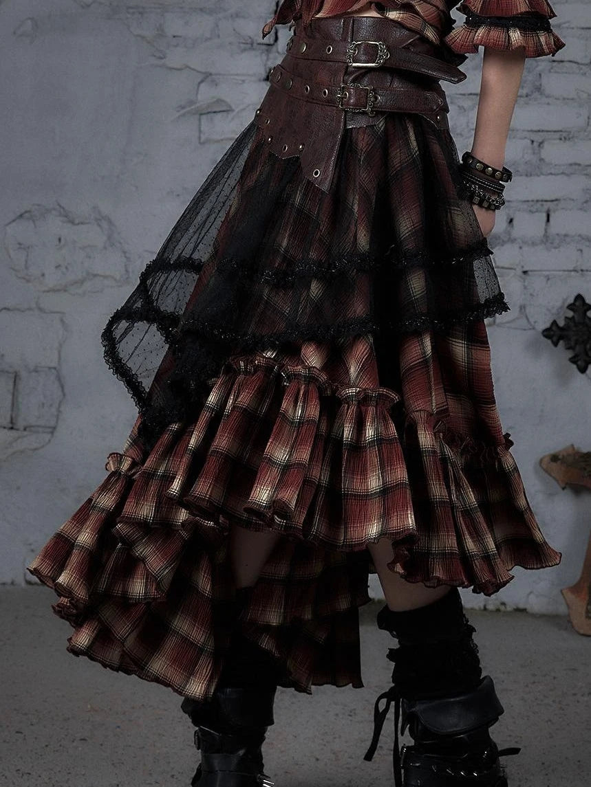 Punk Lace Bustier Skirt Two-Way Wrap Gothic Plaid Dresses