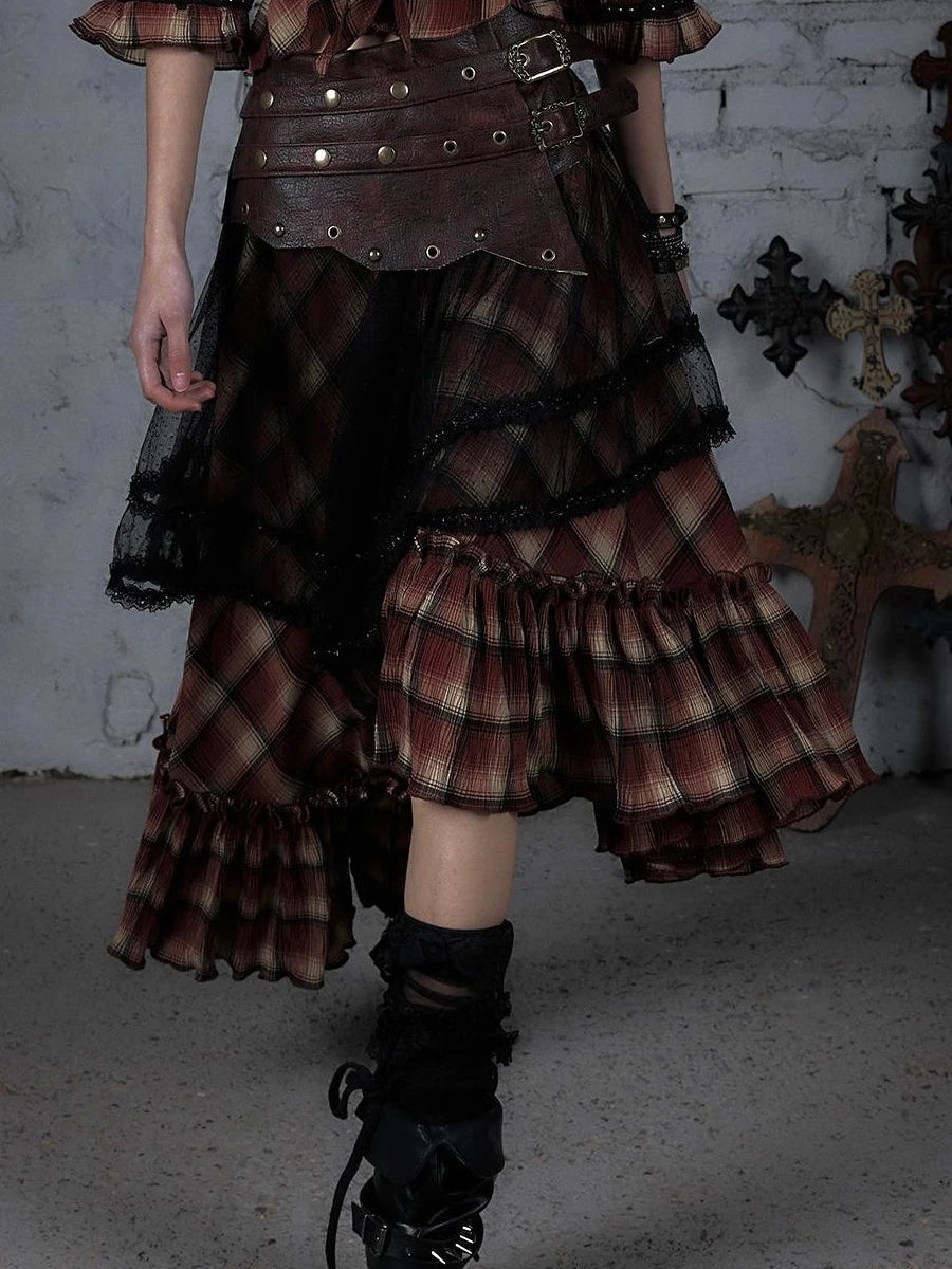 Punk Lace Bustier Skirt Two-Way Wrap Gothic Plaid Dresses