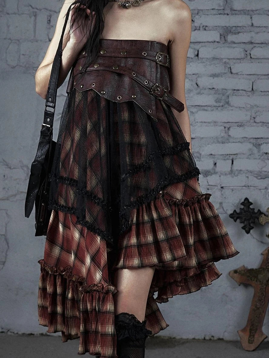 Punk Lace Bustier Skirt Two-Way Wrap Gothic Plaid Dresses