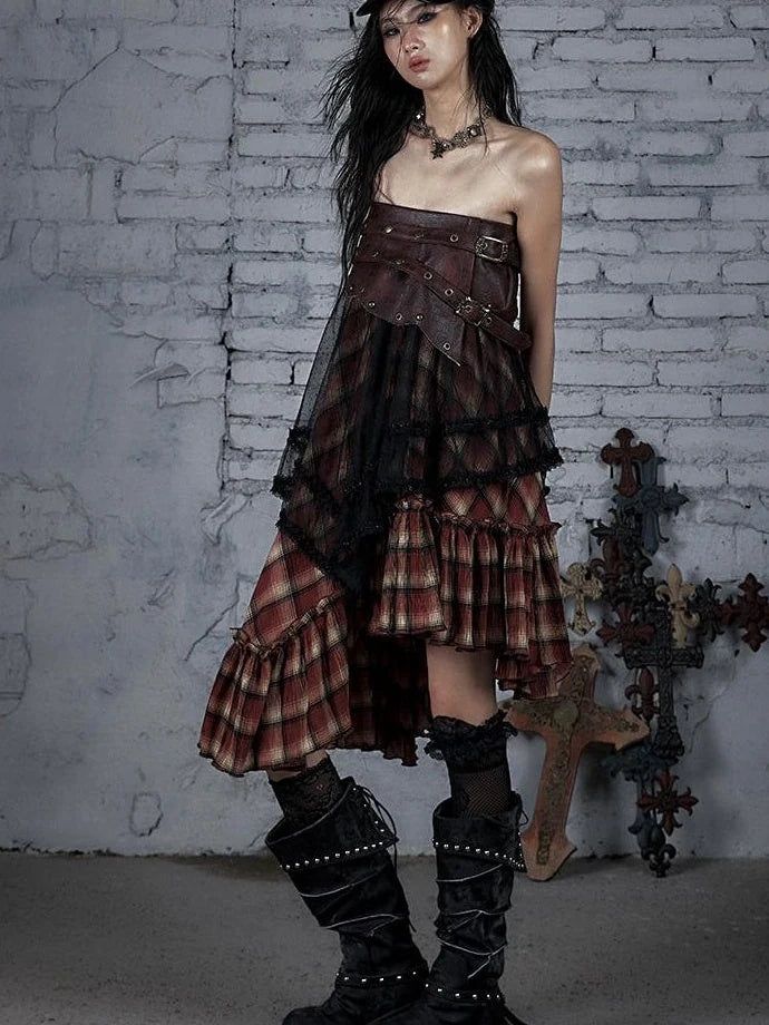 Punk Lace Bustier Skirt Two-Way Wrap Gothic Plaid Dresses