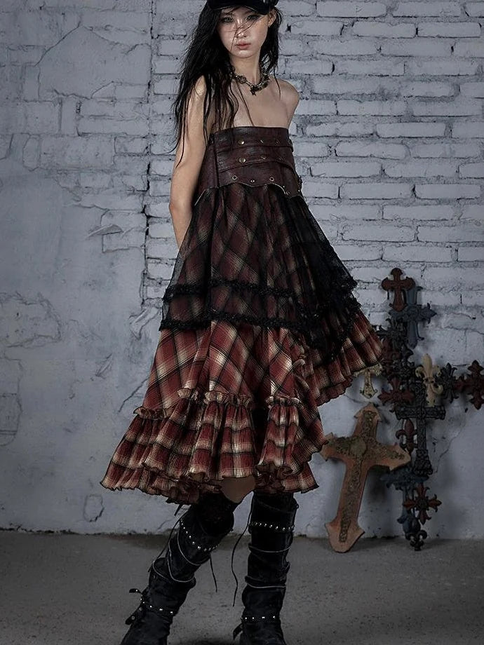 Punk Lace Bustier Skirt Two-Way Wrap Gothic Plaid Dresses