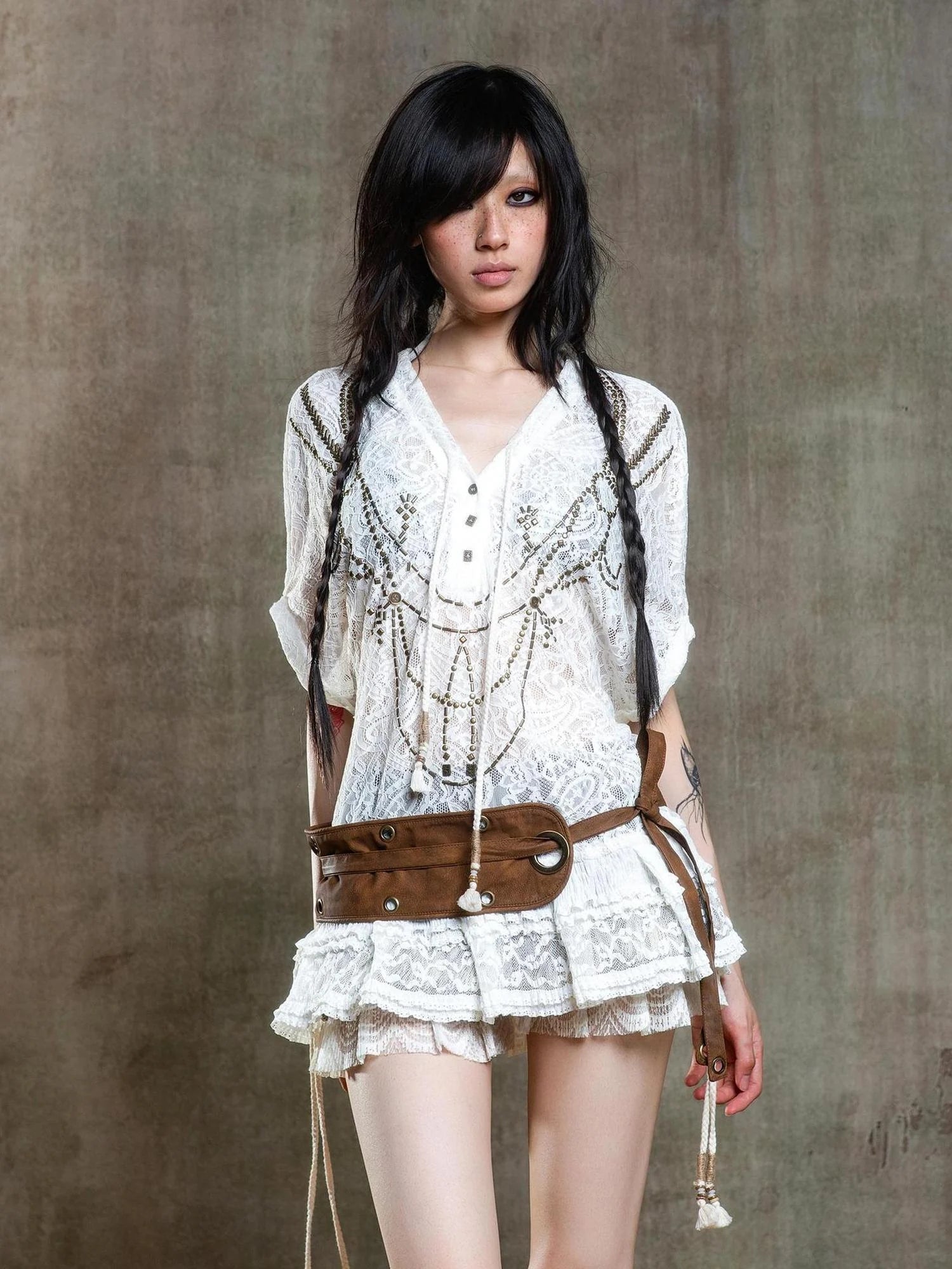 Punk Lace Shirt Dress With Vintage Diamond Cut