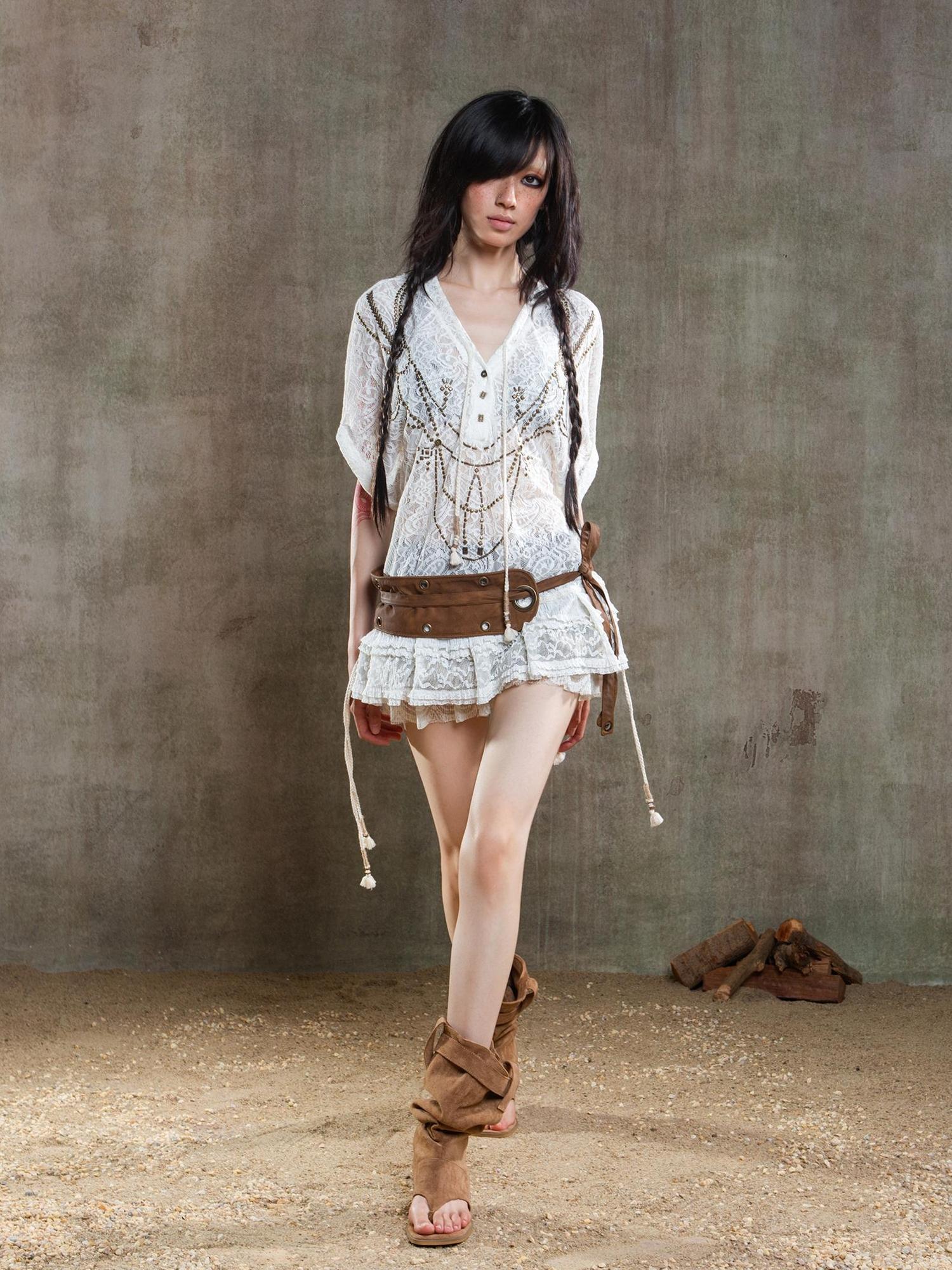 ARIADNAw Punk Lace Shirt Dress With Vintage Diamond Cut