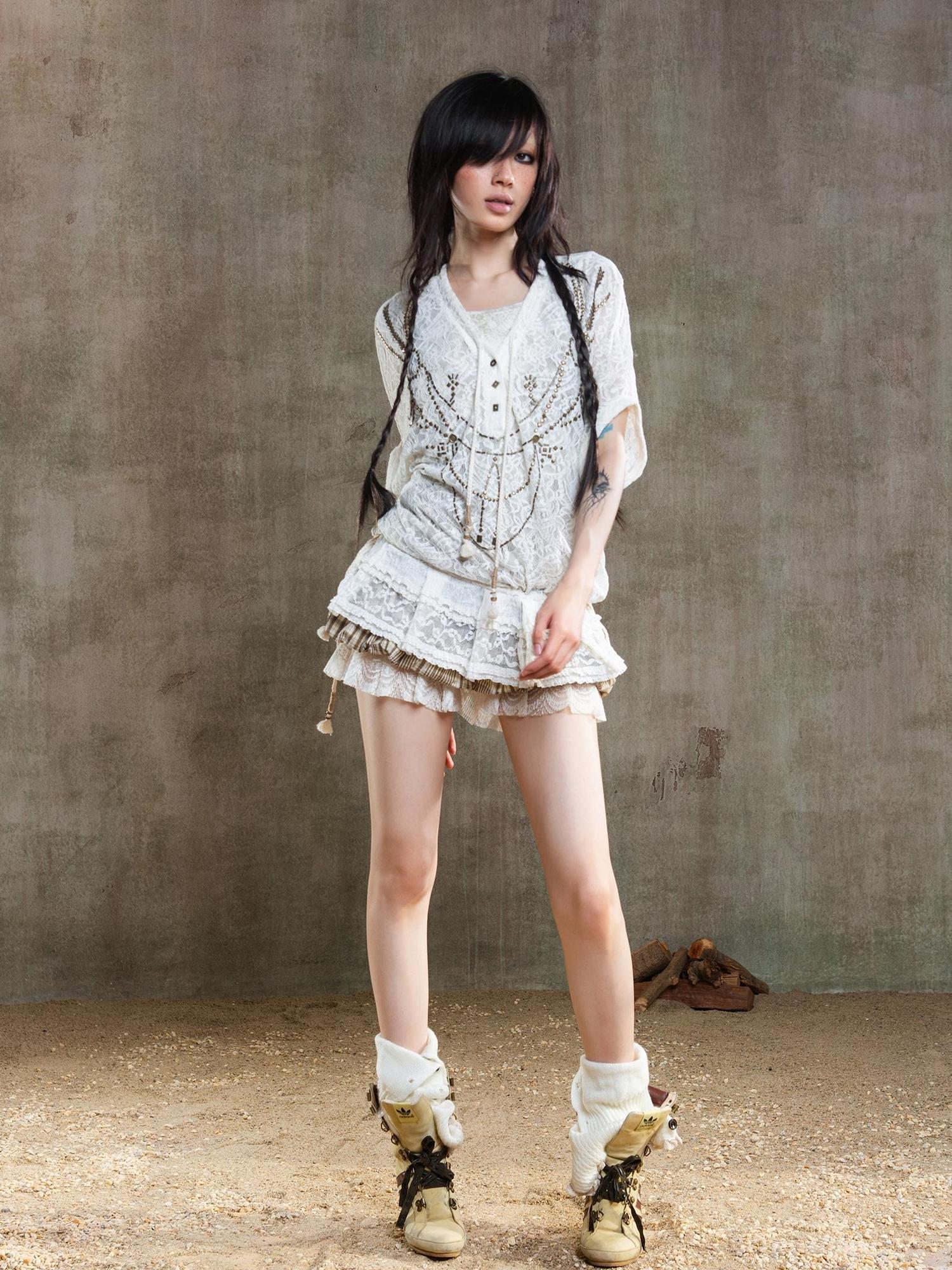 ARIADNAw Punk Lace Shirt Dress With Vintage Diamond Cut