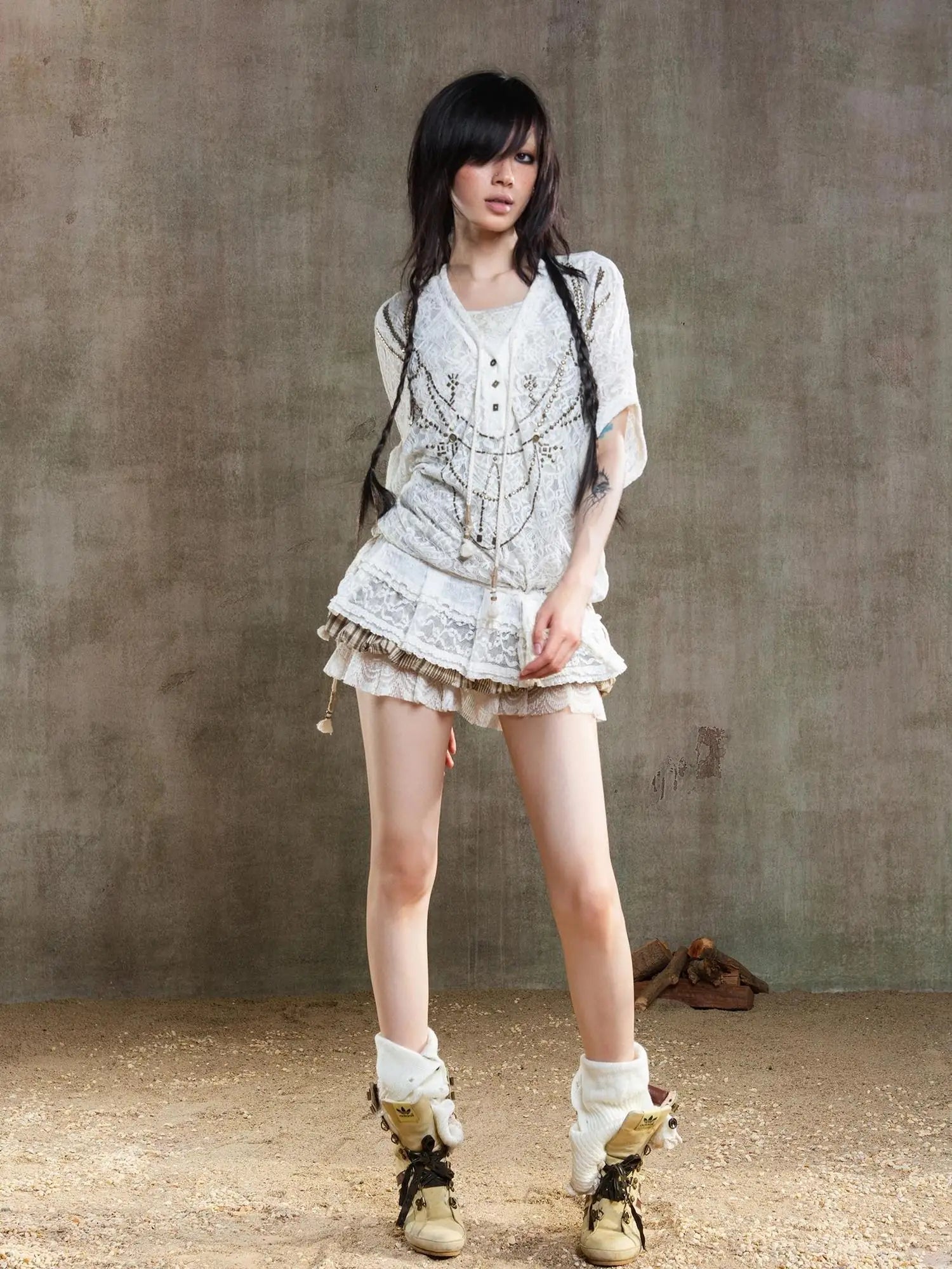 Punk Lace Shirt Dress With Vintage Diamond Cut