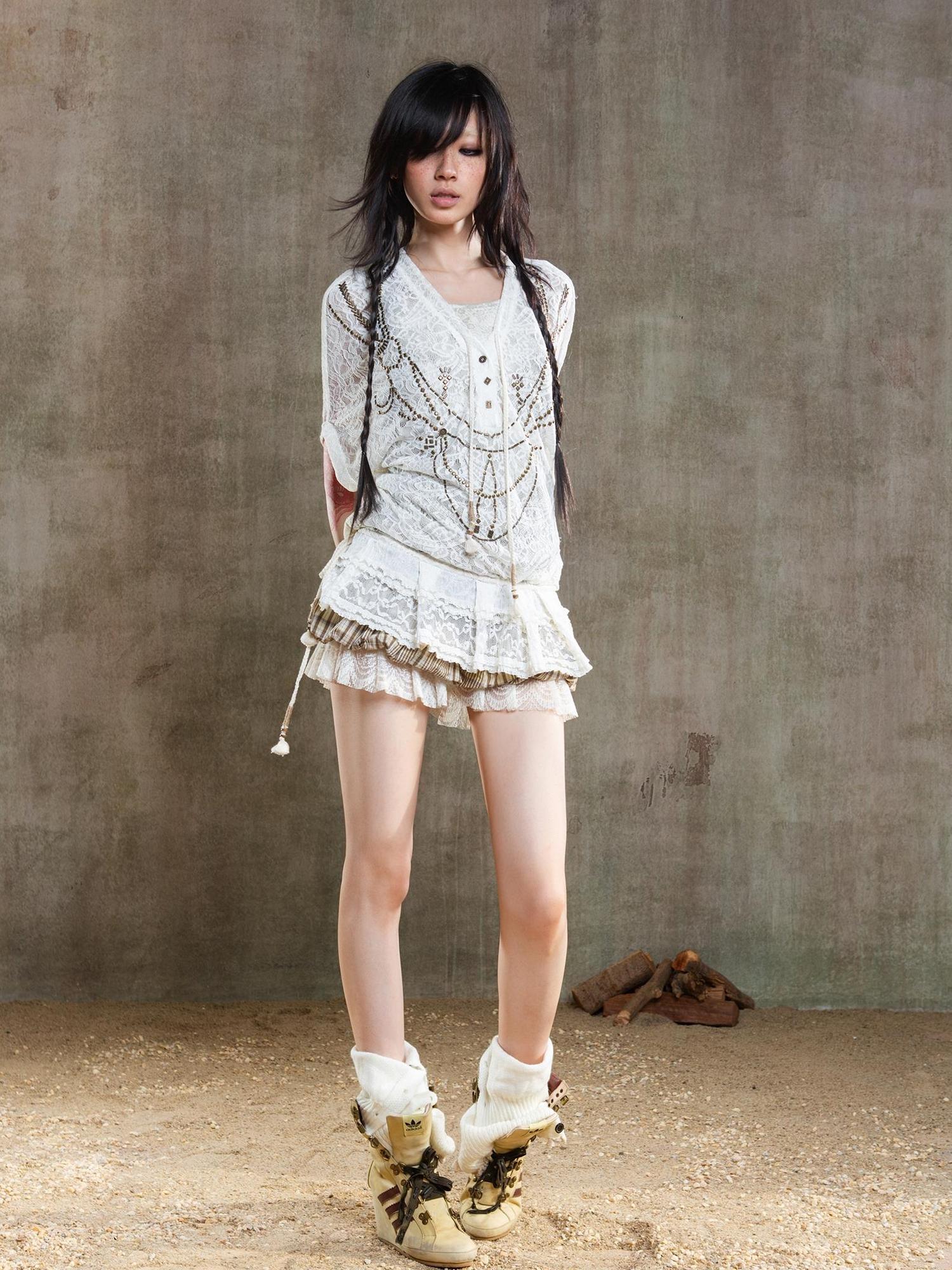 ARIADNAw Punk Lace Shirt Dress With Vintage Diamond Cut