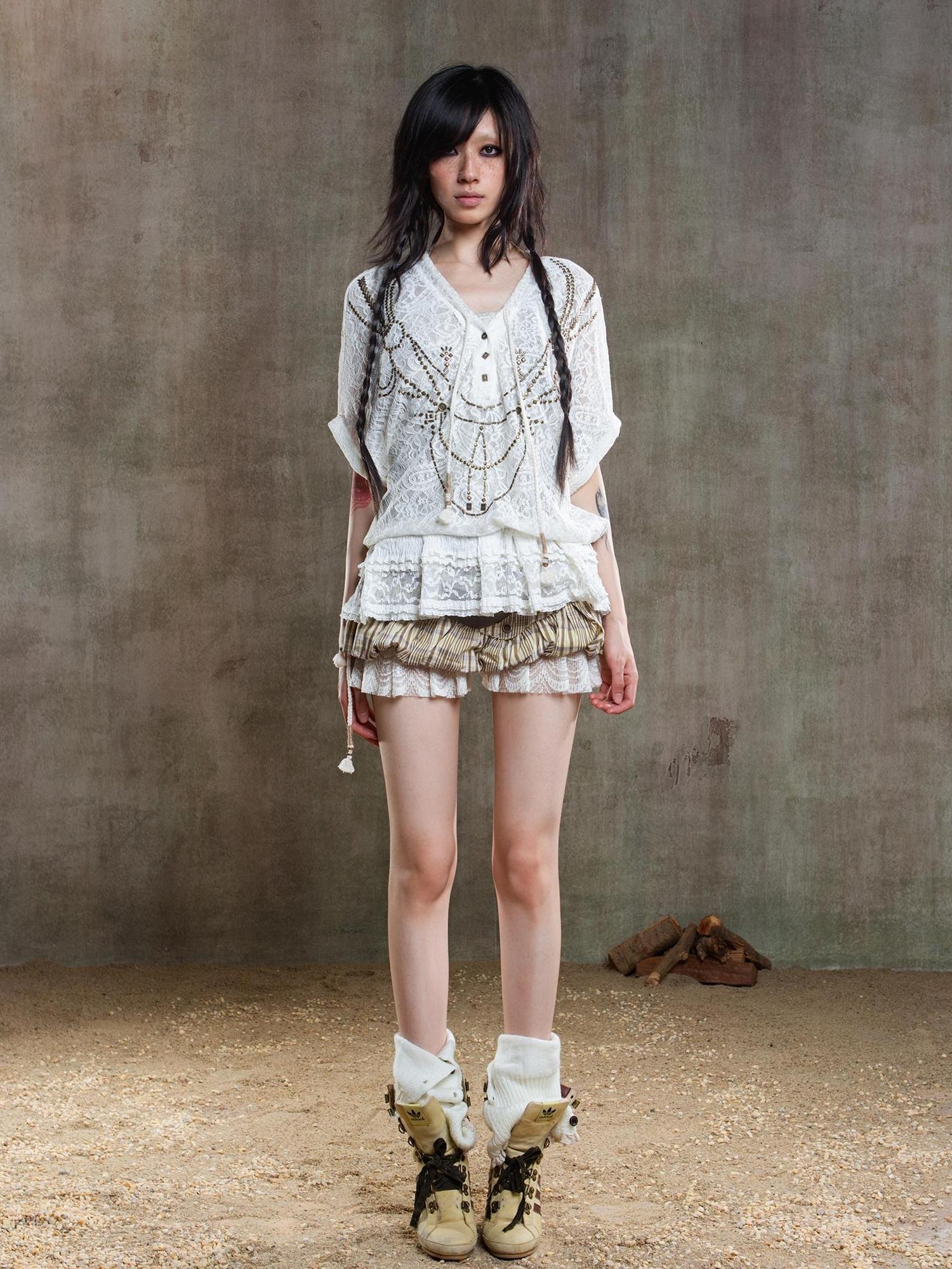 ARIADNAw Punk Lace Shirt Dress With Vintage Diamond Cut