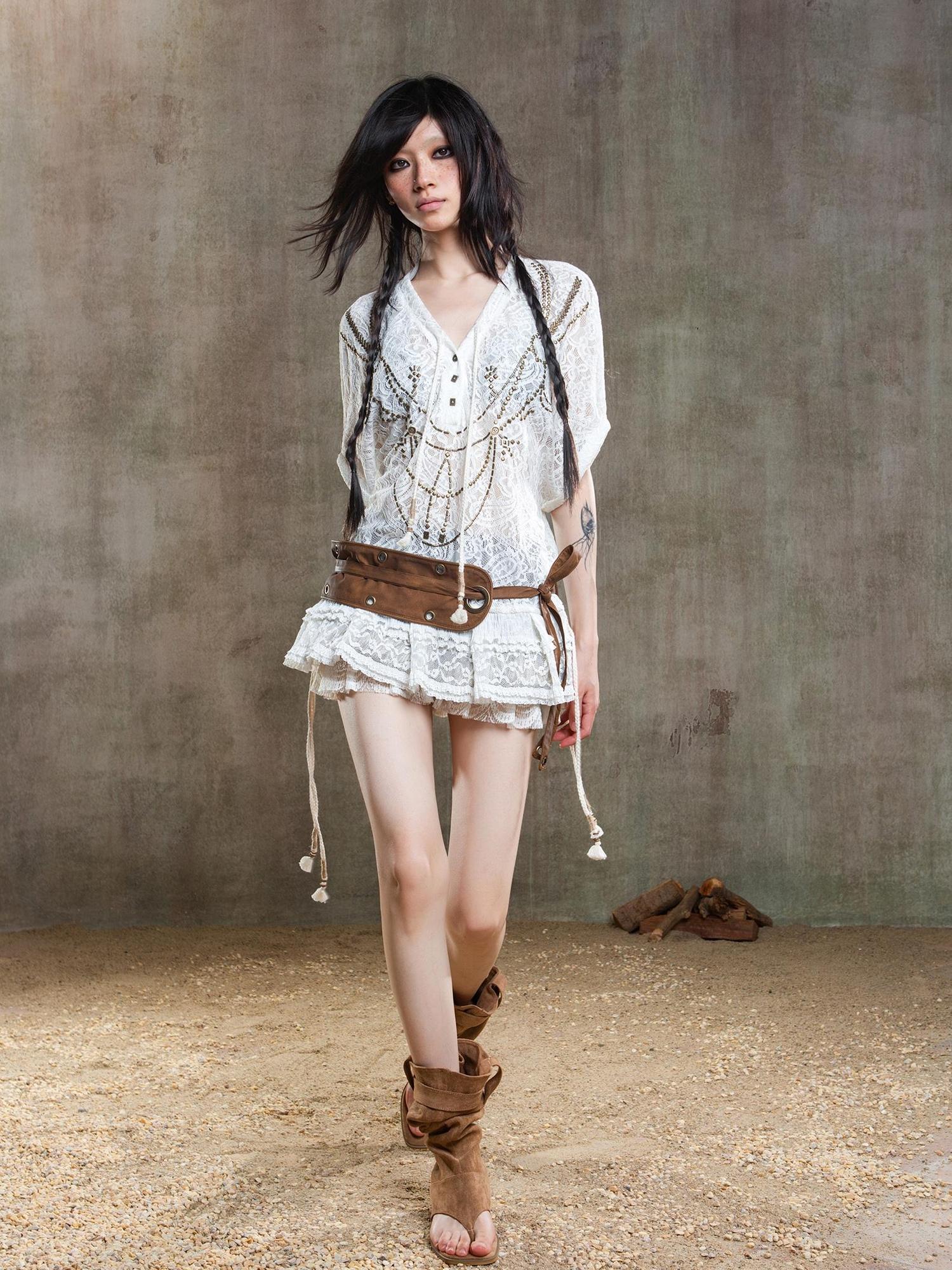 ARIADNAw Punk Lace Shirt Dress With Vintage Diamond Cut