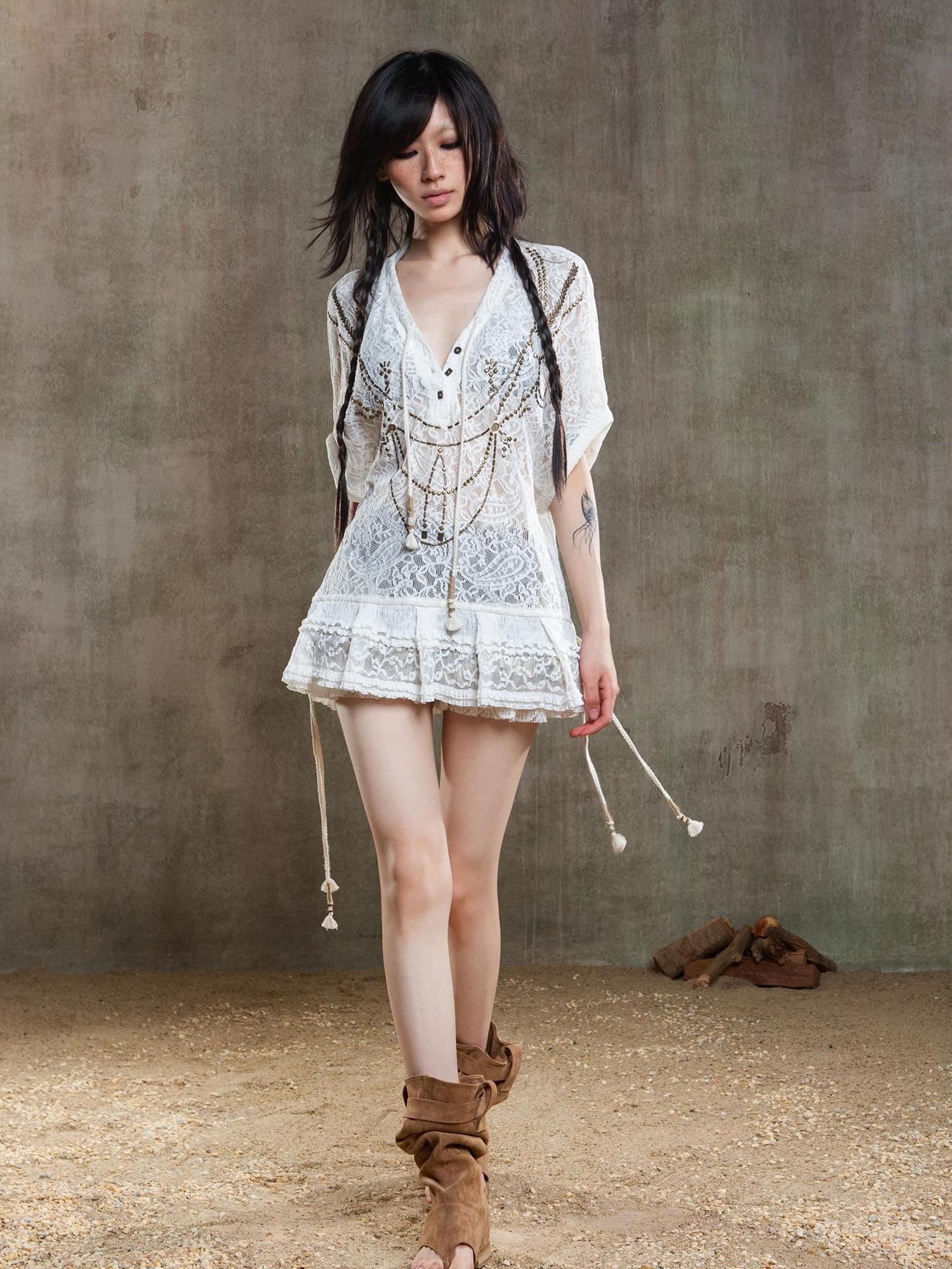 ARIADNAw Punk Lace Shirt Dress With Vintage Diamond Cut