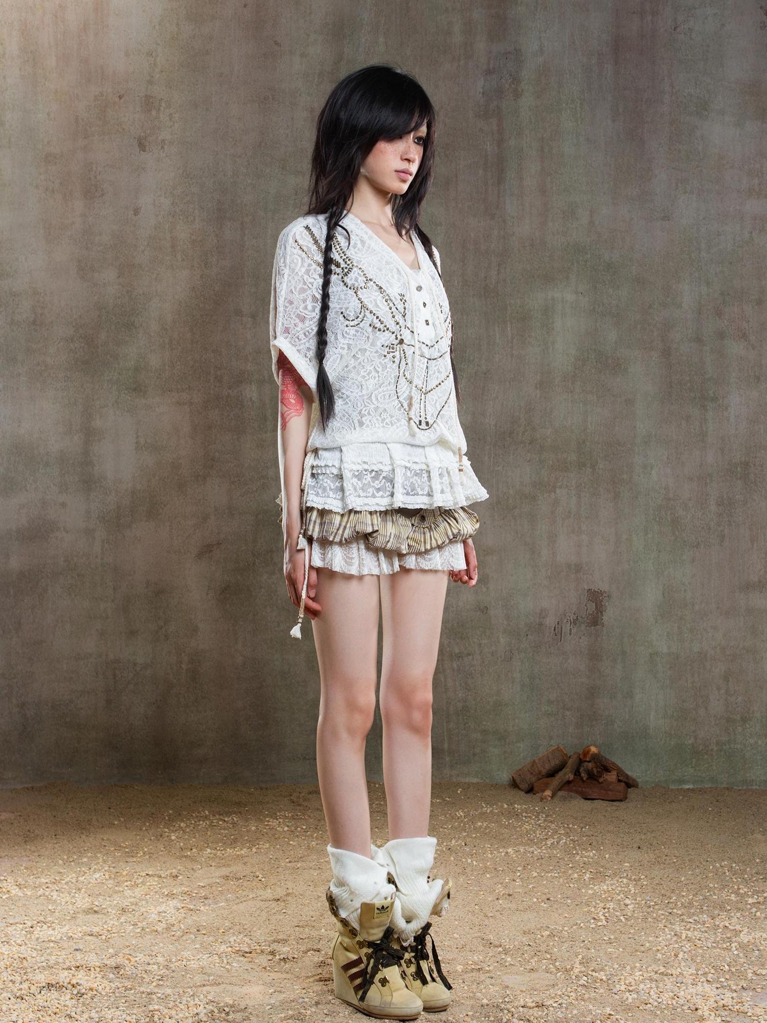 ARIADNAw Punk Lace Shirt Dress With Vintage Diamond Cut