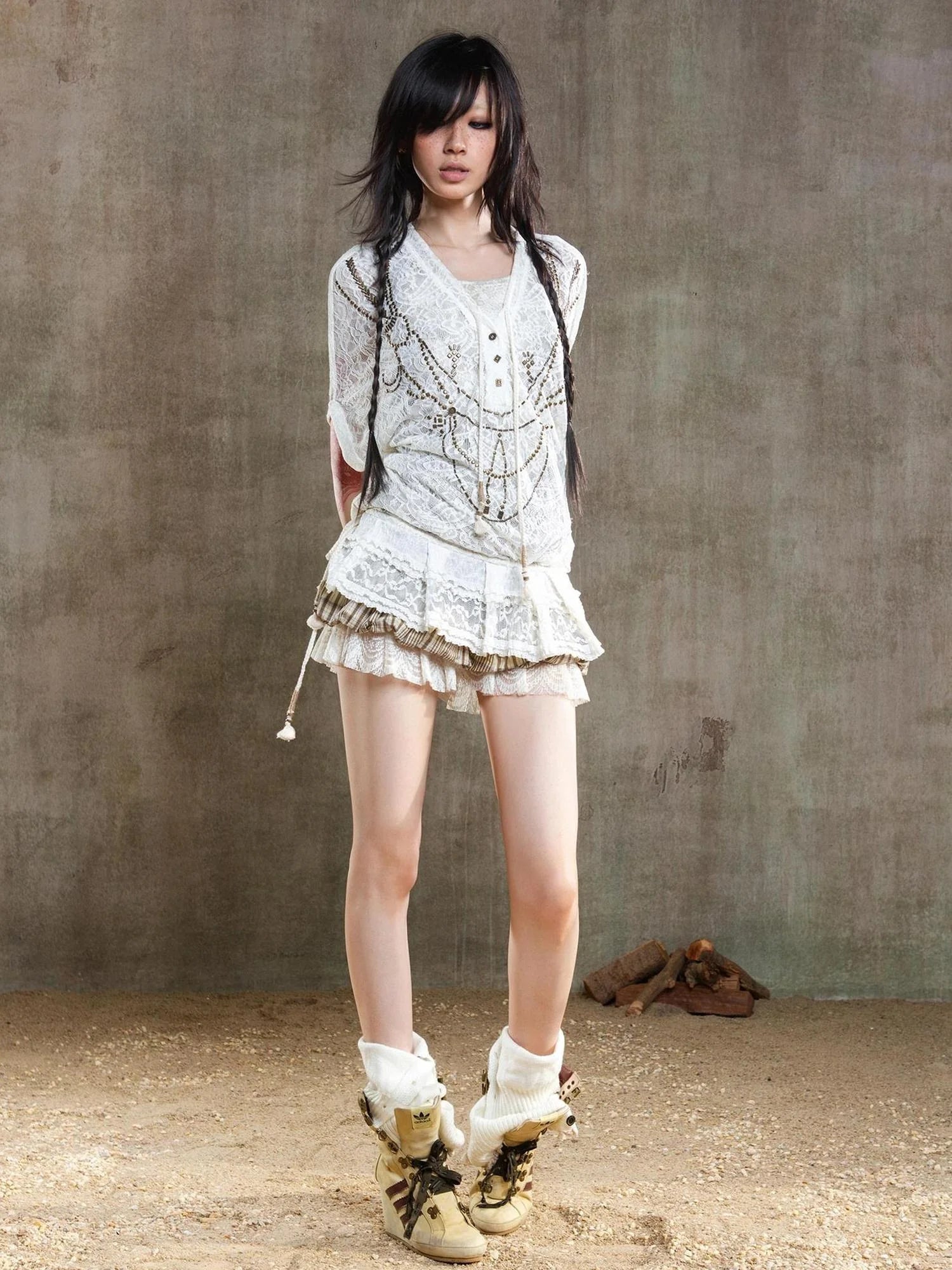 Punk Lace Shirt Dress With Vintage Diamond Cut