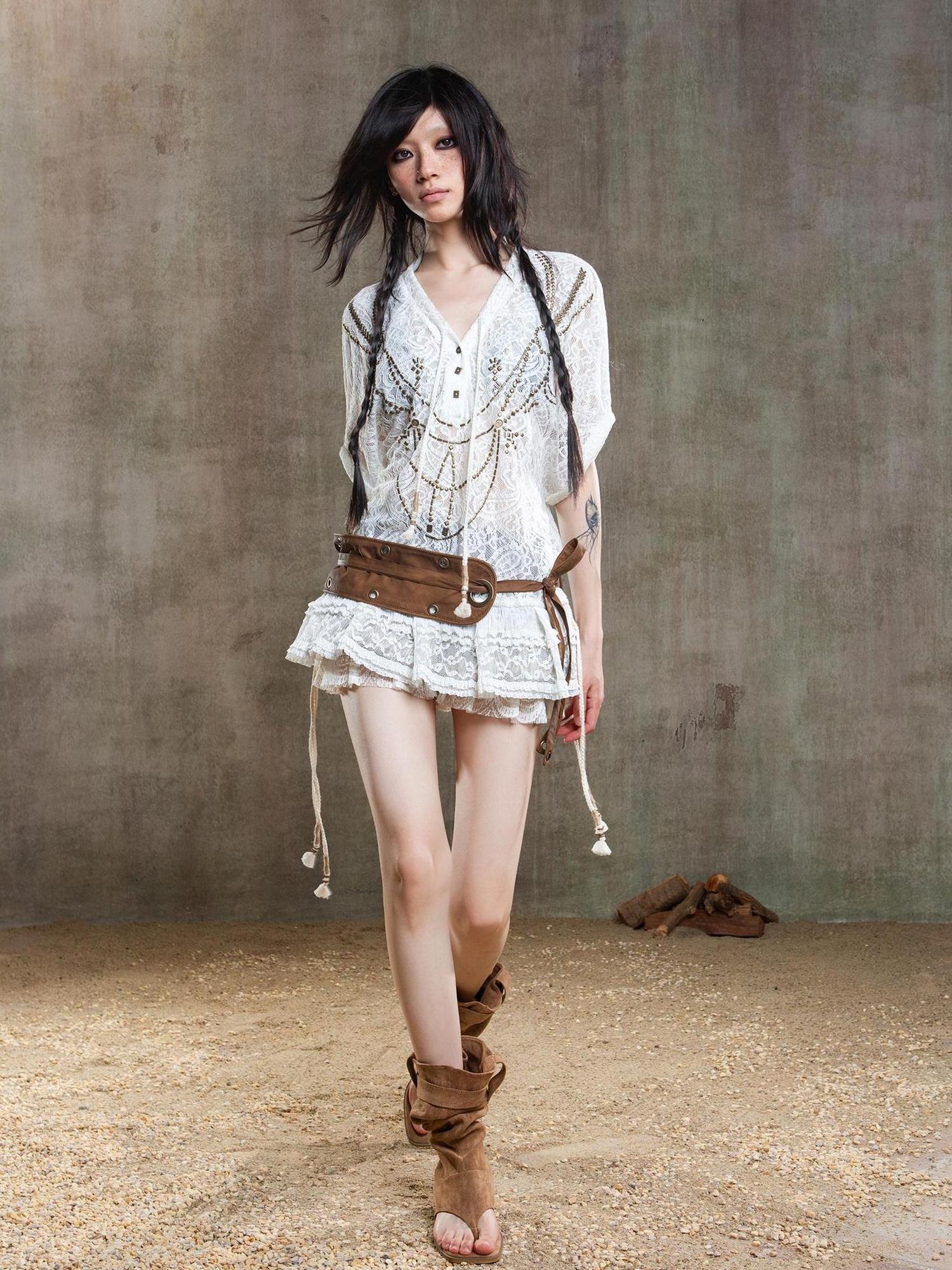 ARIADNAw Punk Lace Shirt Dress With Vintage Diamond Cut