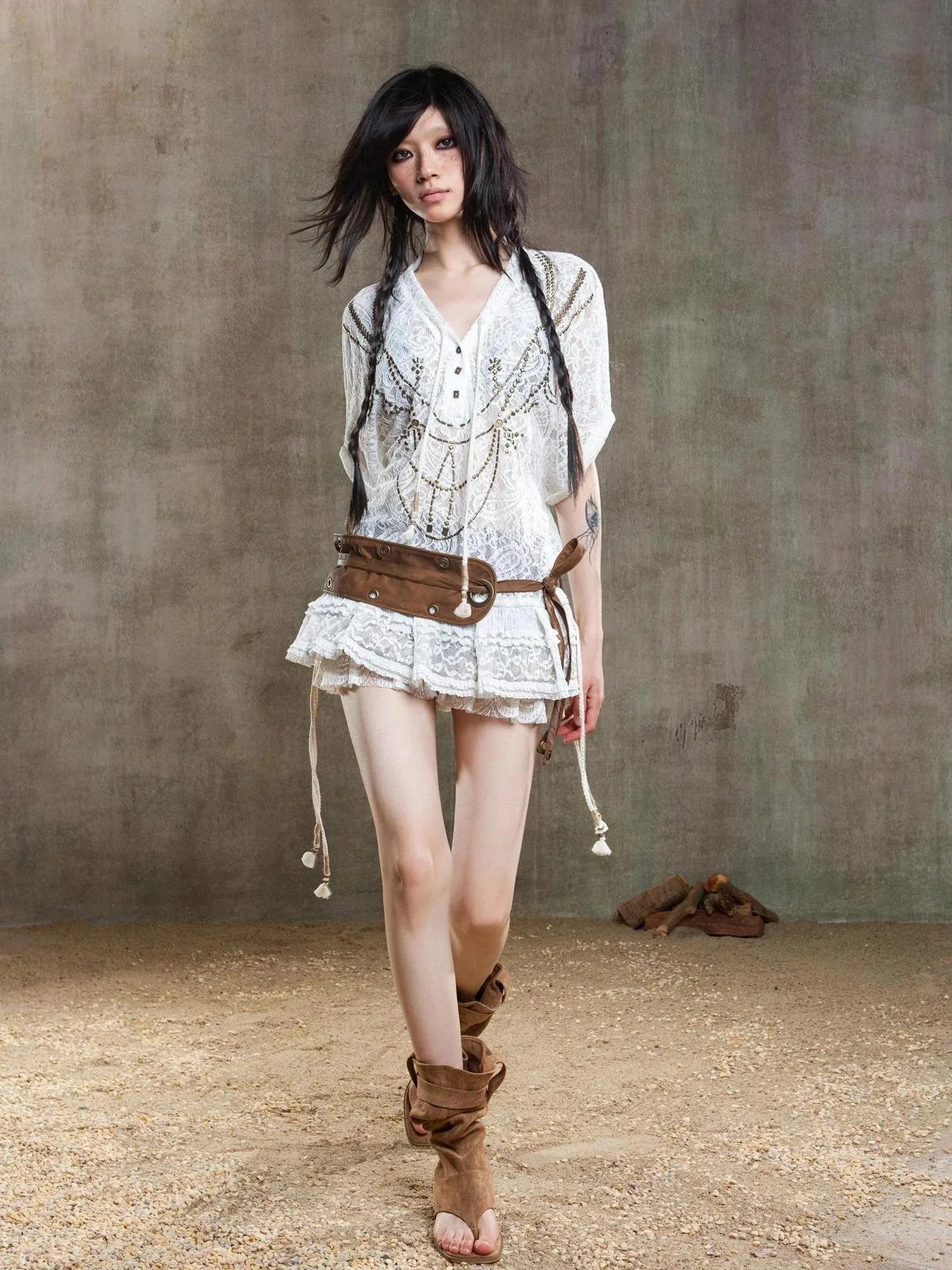 Punk Lace Shirt Dress With Vintage Diamond Cut