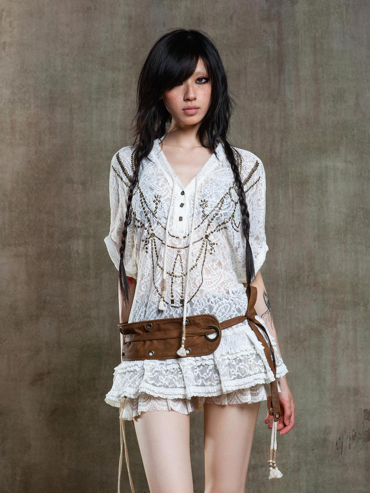ARIADNAw Punk Lace Shirt Dress With Vintage Diamond Cut