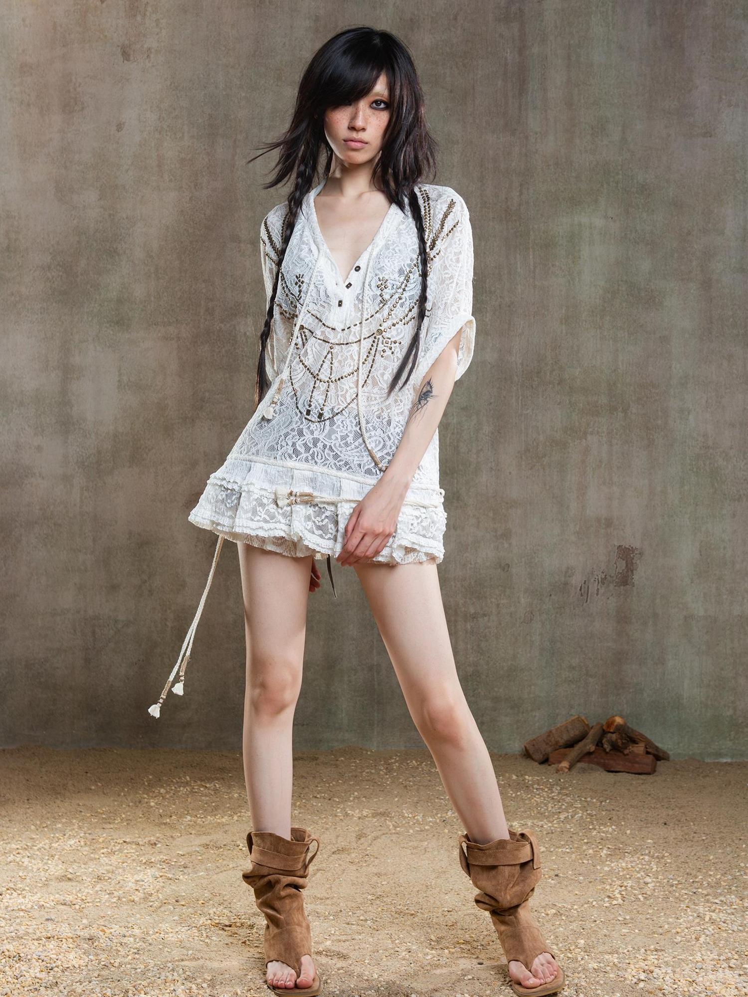 ARIADNAw Punk Lace Shirt Dress With Vintage Diamond Cut