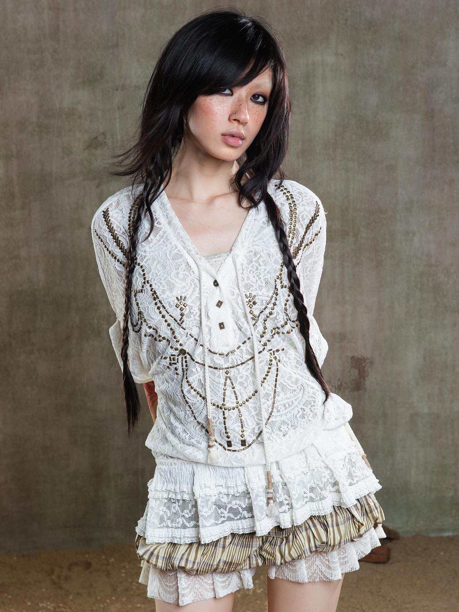 ARIADNAw Punk Lace Shirt Dress With Vintage Diamond Cut