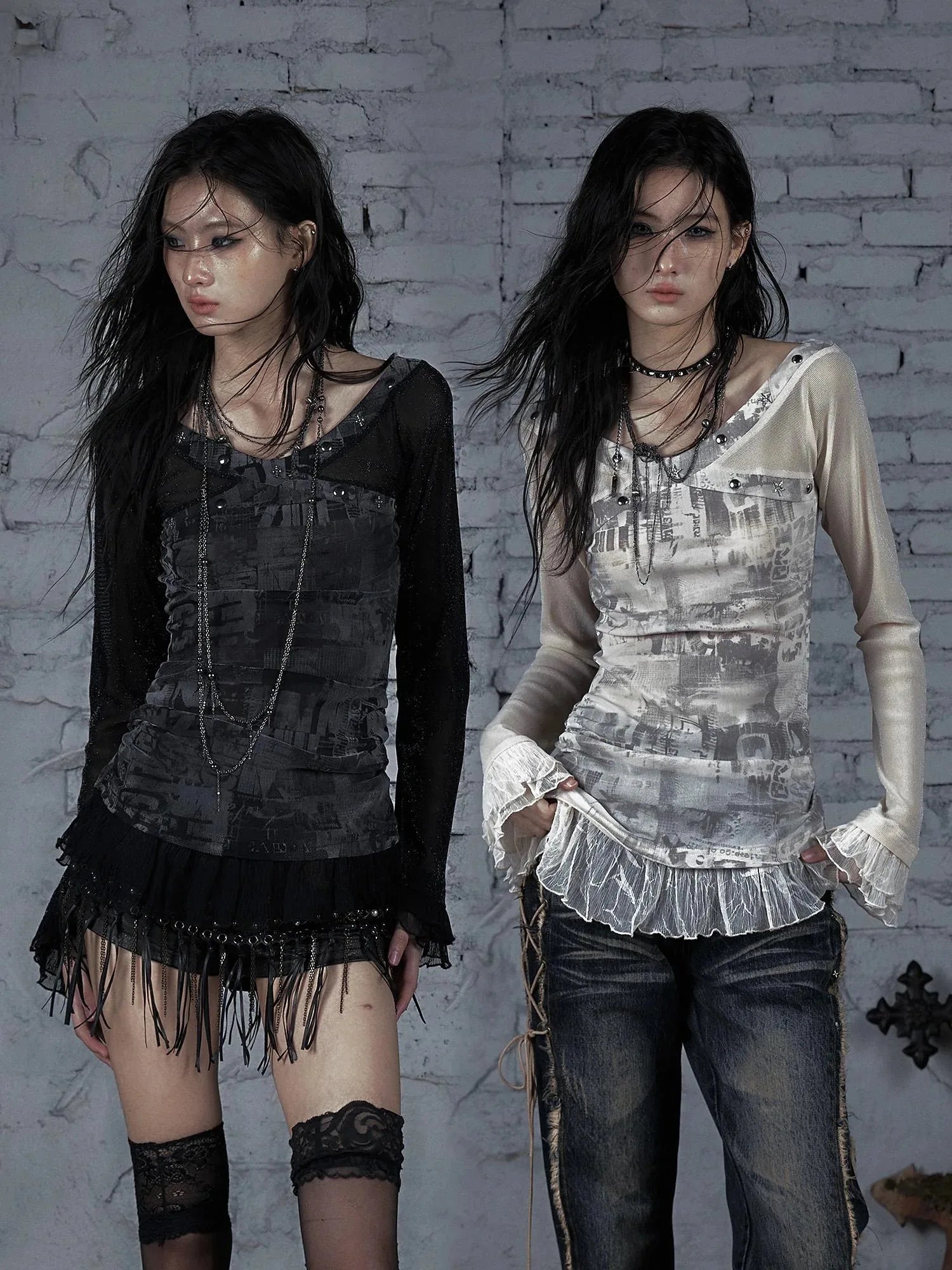 Punk Mesh Long Sleeve T-Shirt Women Spring Stretch Slim Fit Tee