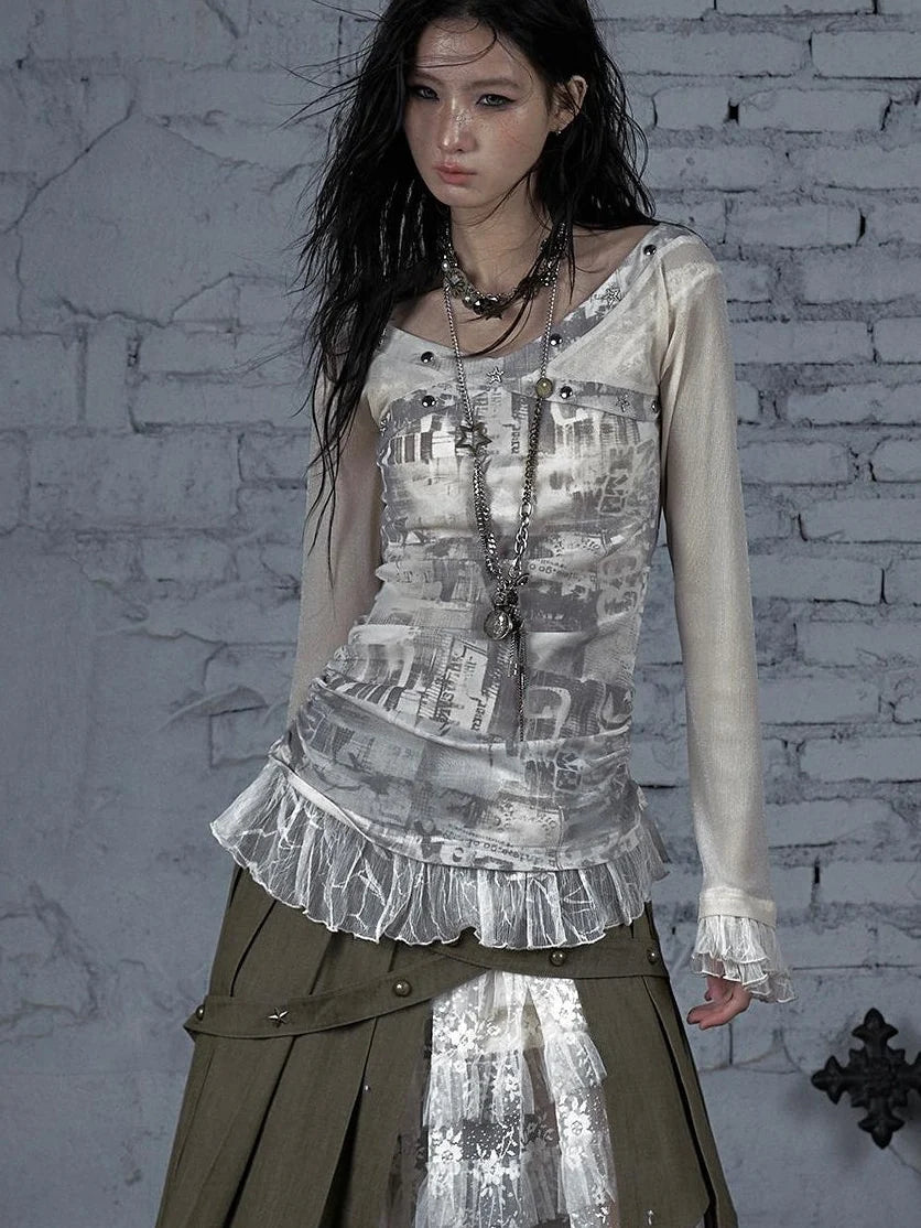 Punk Mesh Long Sleeve T-Shirt Women Spring Stretch Slim Fit Tee