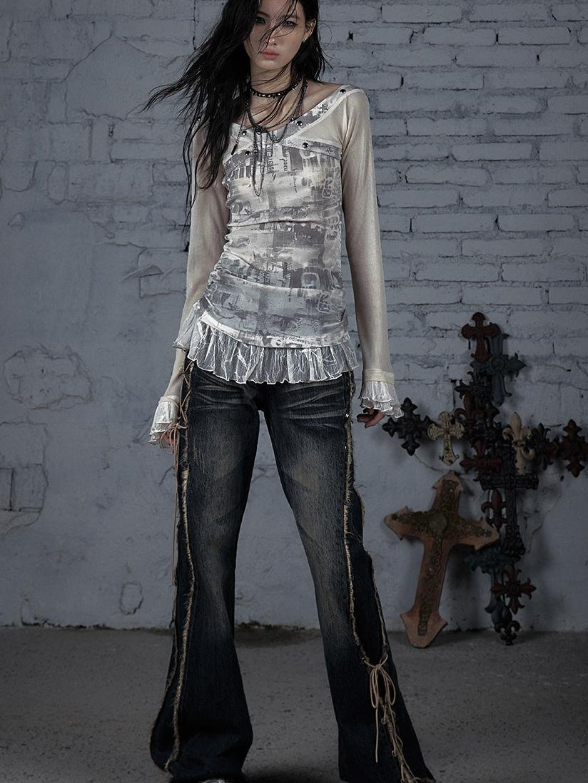 NO ROMANCE Punk Mesh Long Sleeve T-Shirt Women Spring Stretch Slim Fit Tee