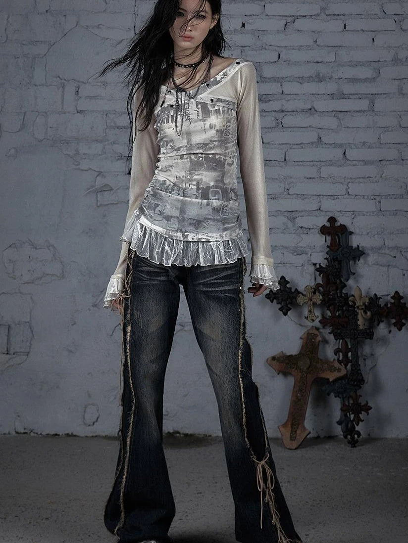 Punk Mesh Long Sleeve T-Shirt Women Spring Stretch Slim Fit Tee