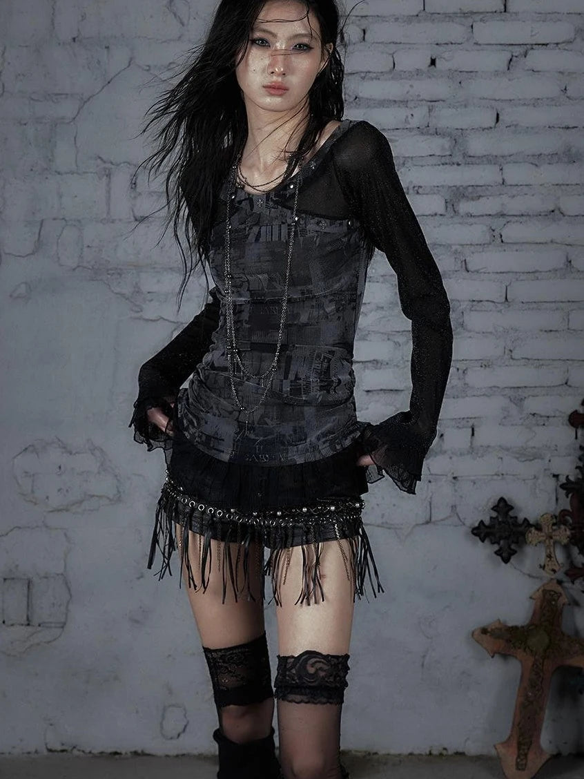 Punk Mesh Long Sleeve T-Shirt Women Spring Stretch Slim Fit Tee