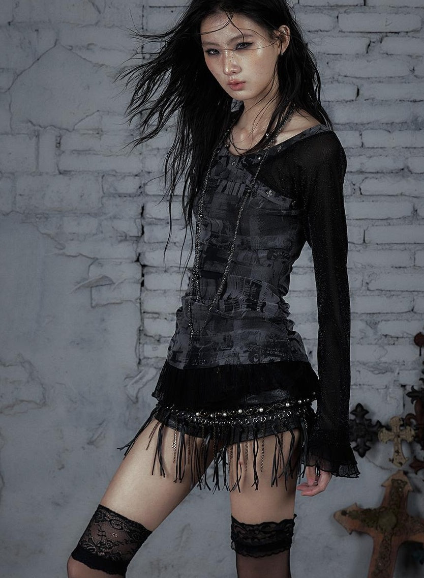 NO ROMANCE Punk Mesh Long Sleeve T-Shirt Women Spring Stretch Slim Fit Tee