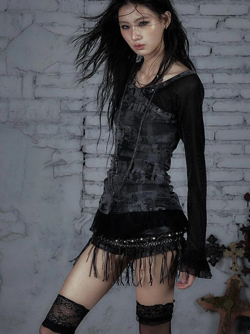 Punk Mesh Long Sleeve T-Shirt Women Spring Stretch Slim Fit Tee