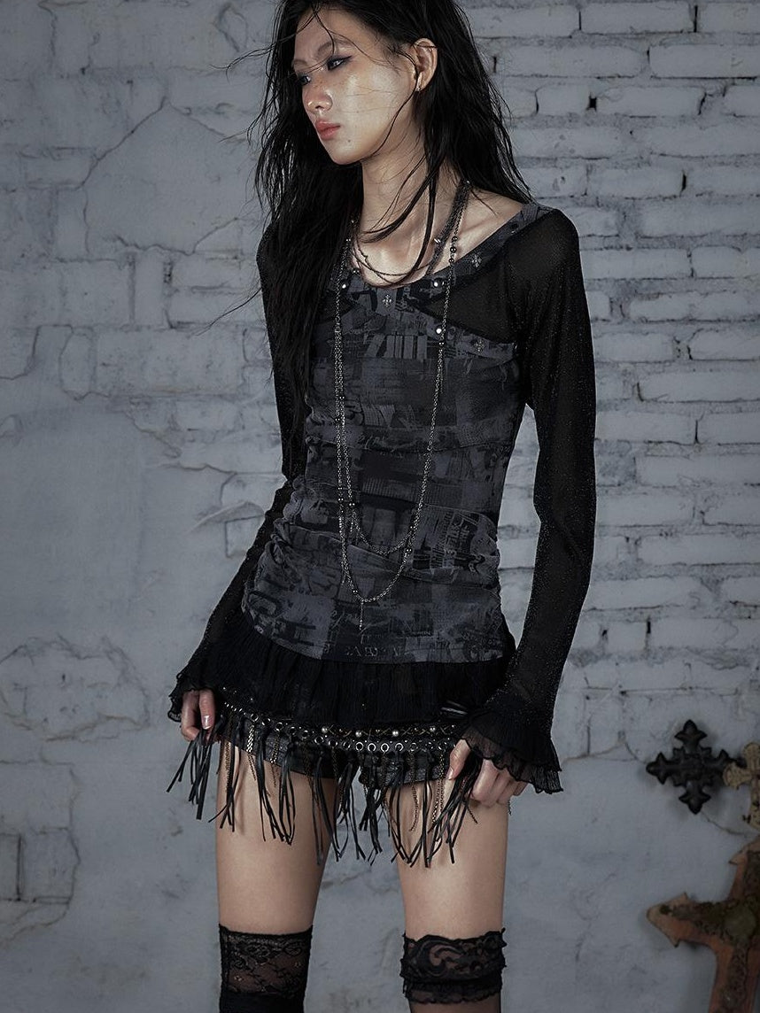 NO ROMANCE Punk Mesh Long Sleeve T-Shirt Women Spring Stretch Slim Fit Tee
