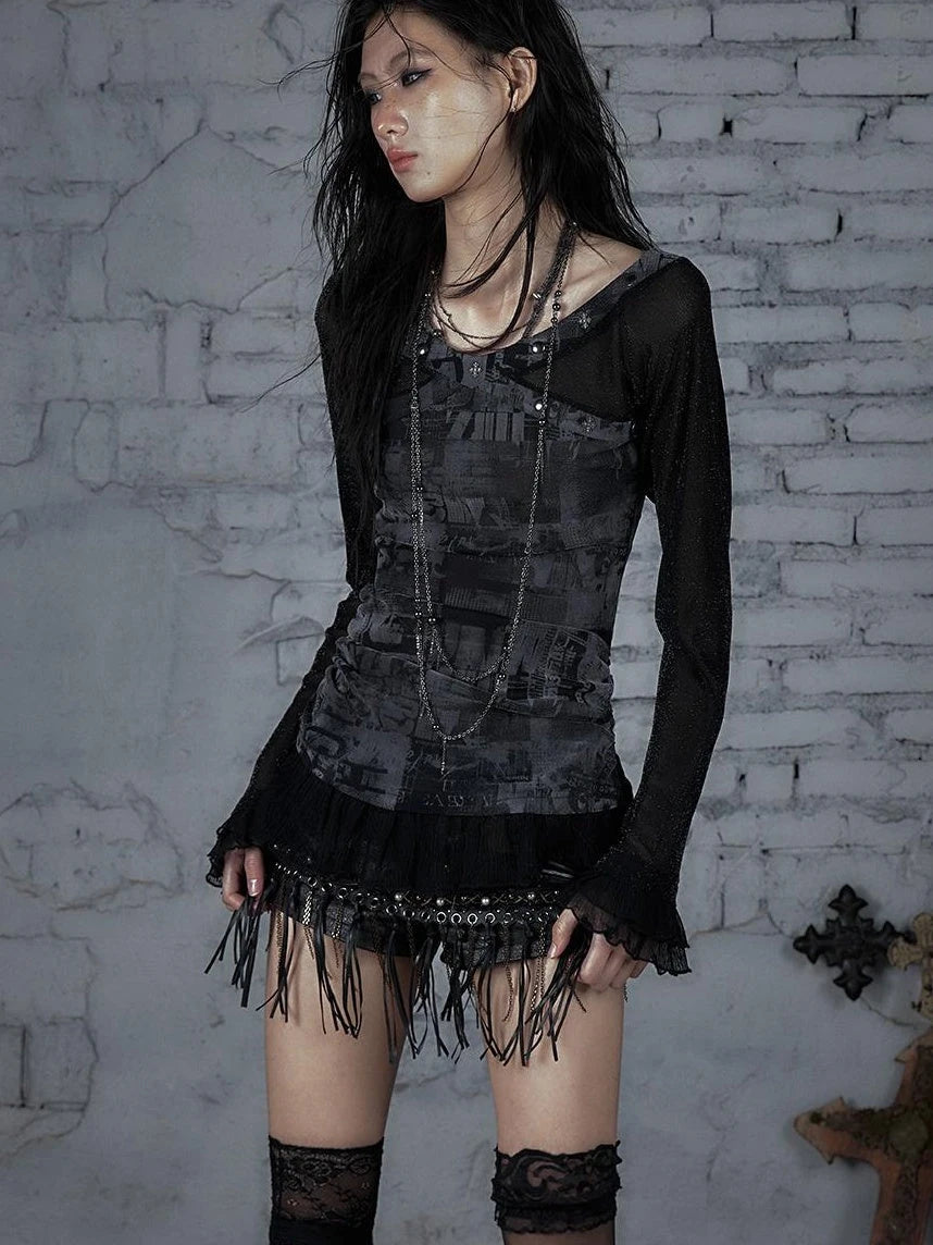 Punk Mesh Long Sleeve T-Shirt Women Spring Stretch Slim Fit Tee