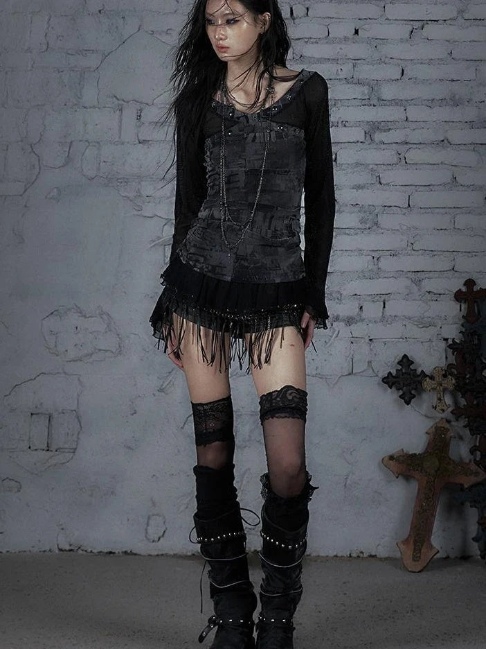 Punk Mesh Long Sleeve T-Shirt Women Spring Stretch Slim Fit Tee
