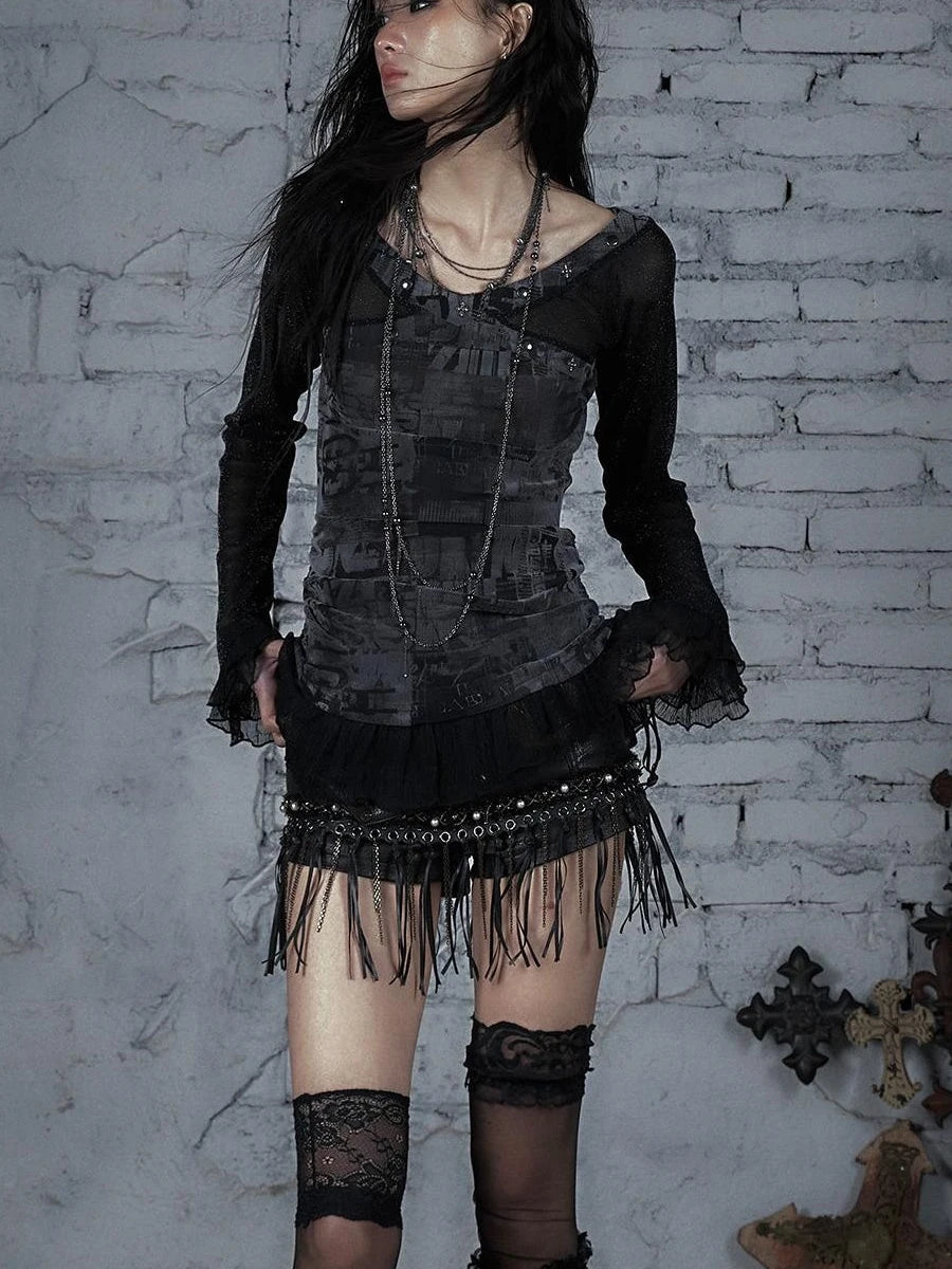 Punk Mesh Long Sleeve T-Shirt Women Spring Stretch Slim Fit Tee