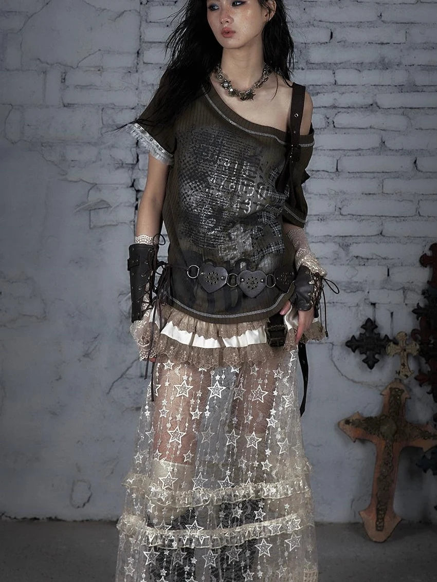 Punk Military Asymmetrical Sleeve Print Loose Knit T-Shirt