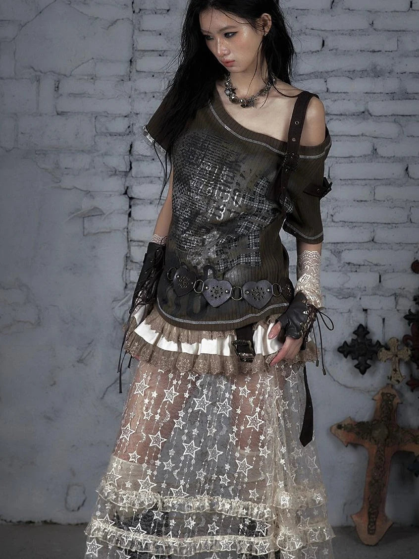 Punk Military Asymmetrical Sleeve Print Loose Knit T-Shirt