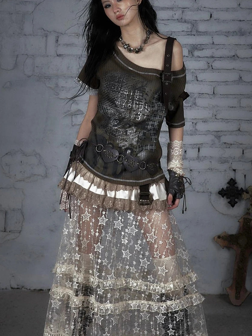 Punk Military Asymmetrical Sleeve Print Loose Knit T-Shirt