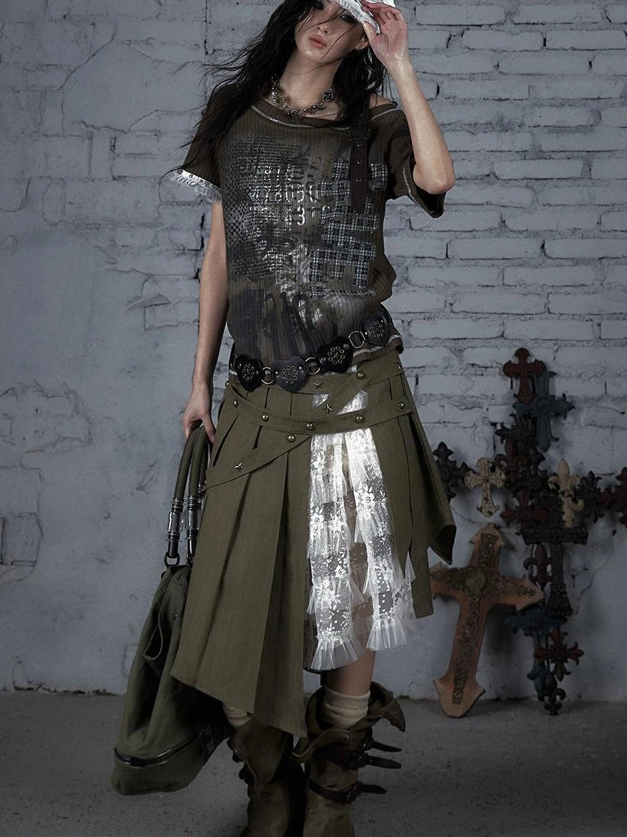 Punk Military Asymmetrical Sleeve Print Loose Knit T-Shirt